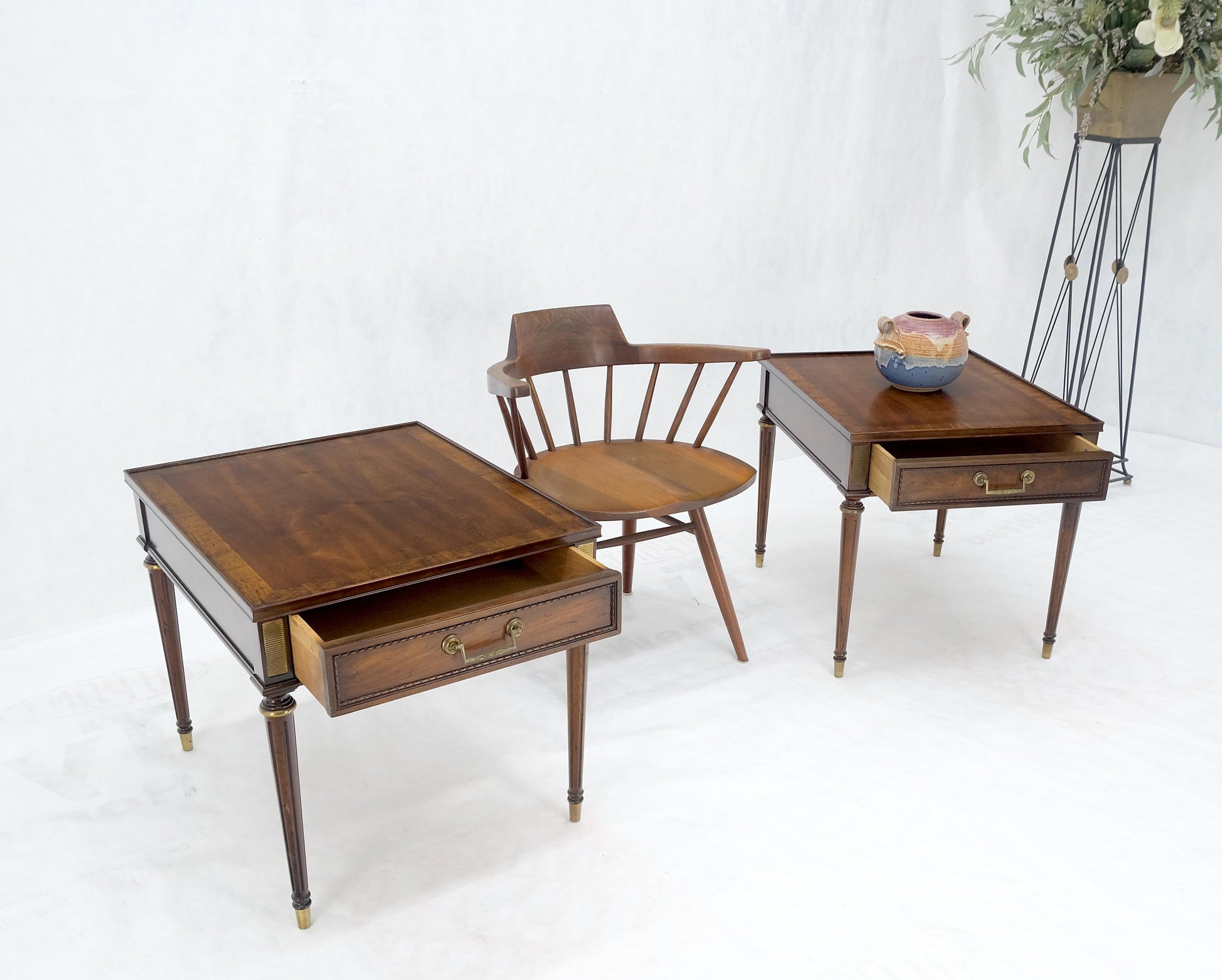 EstablishedLines Pair Banded Top Fluted Tapered Legs One Drawer Low Profile End Tables Stands