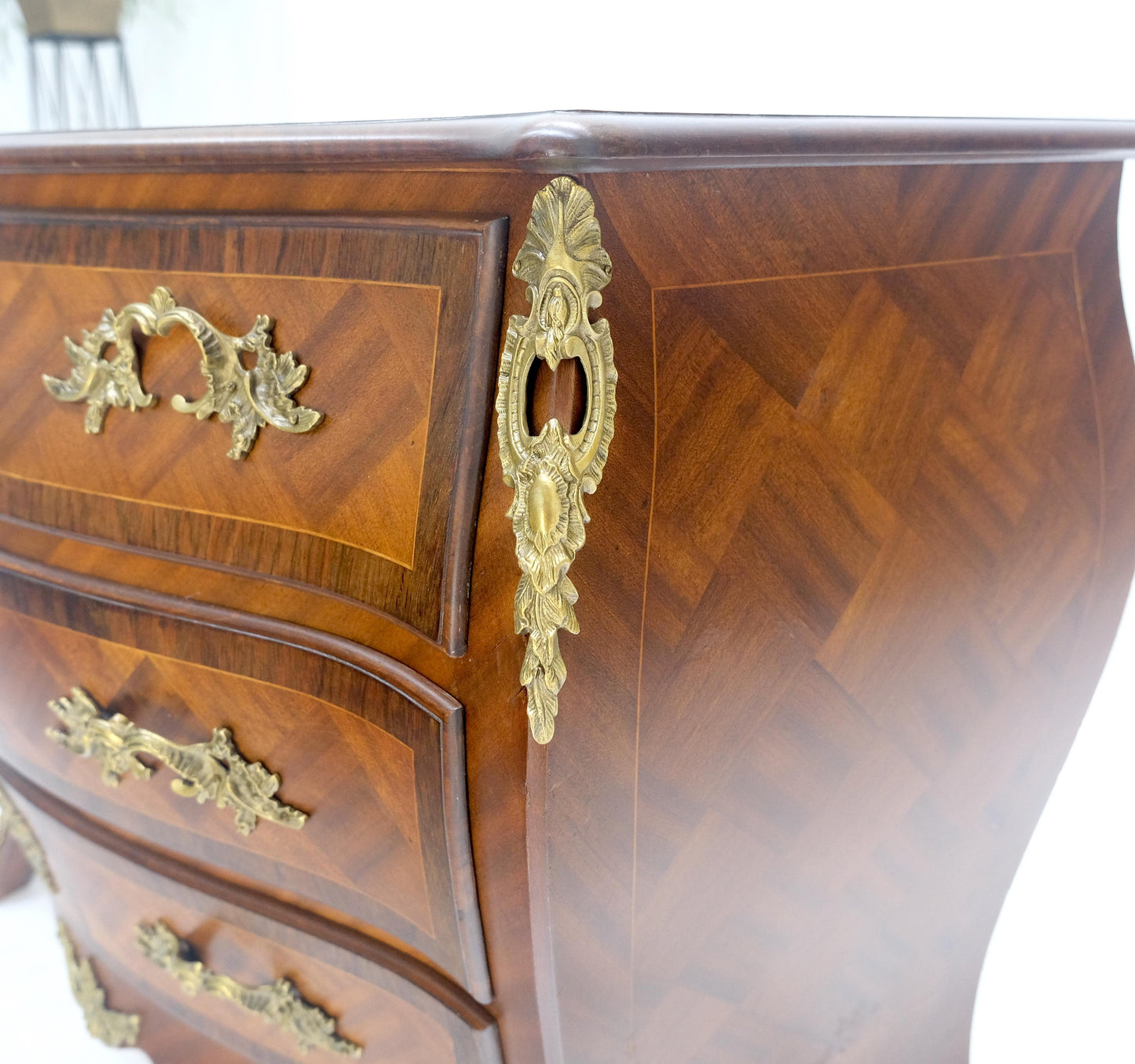 EstablishedLines Bombe French Parquetry Top Bronze Mount Ormolu Mount 3 Drawers Dresser MINT