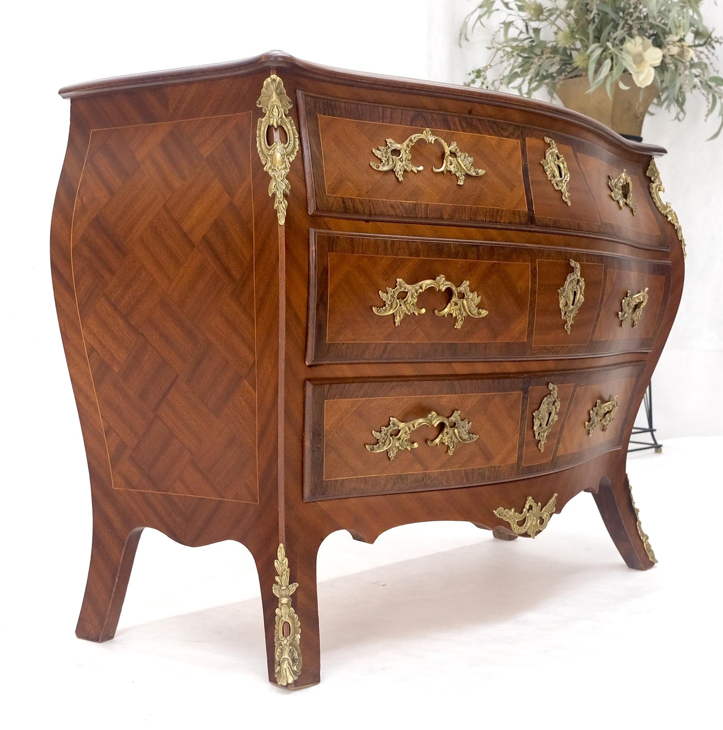 EstablishedLines Bombe French Parquetry Top Bronze Mount Ormolu Mount 3 Drawers Dresser MINT