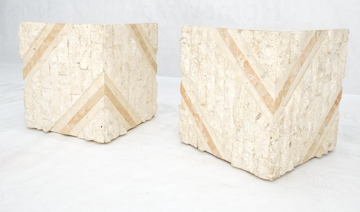 EstablishedLines Pair of Cube Shape Tessellated Polished Marble End Tables Night Stands MINT!