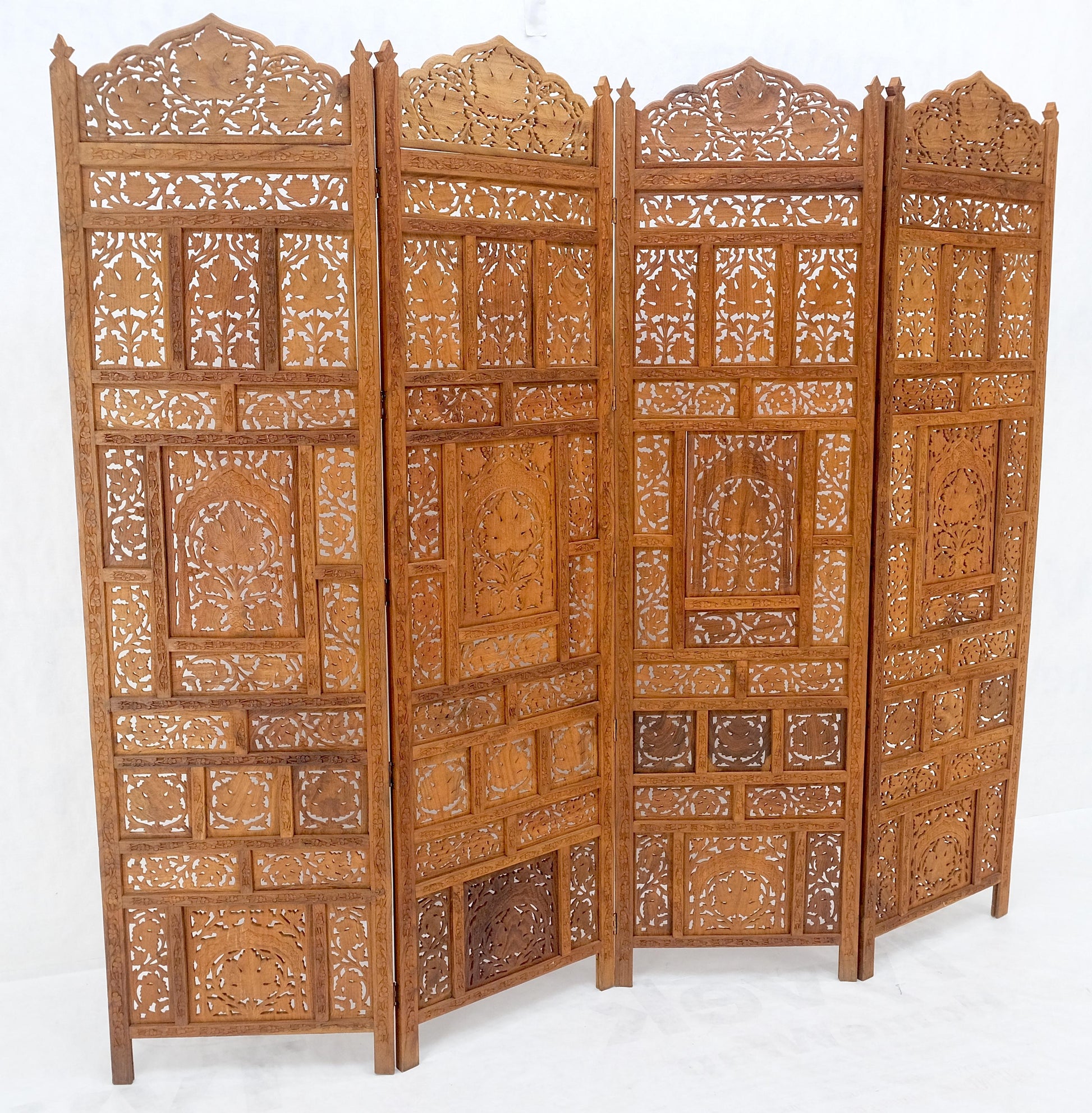 EstablishedLines Fine Asian Carved Teak 4 Panels Screen Room Divider Mint!