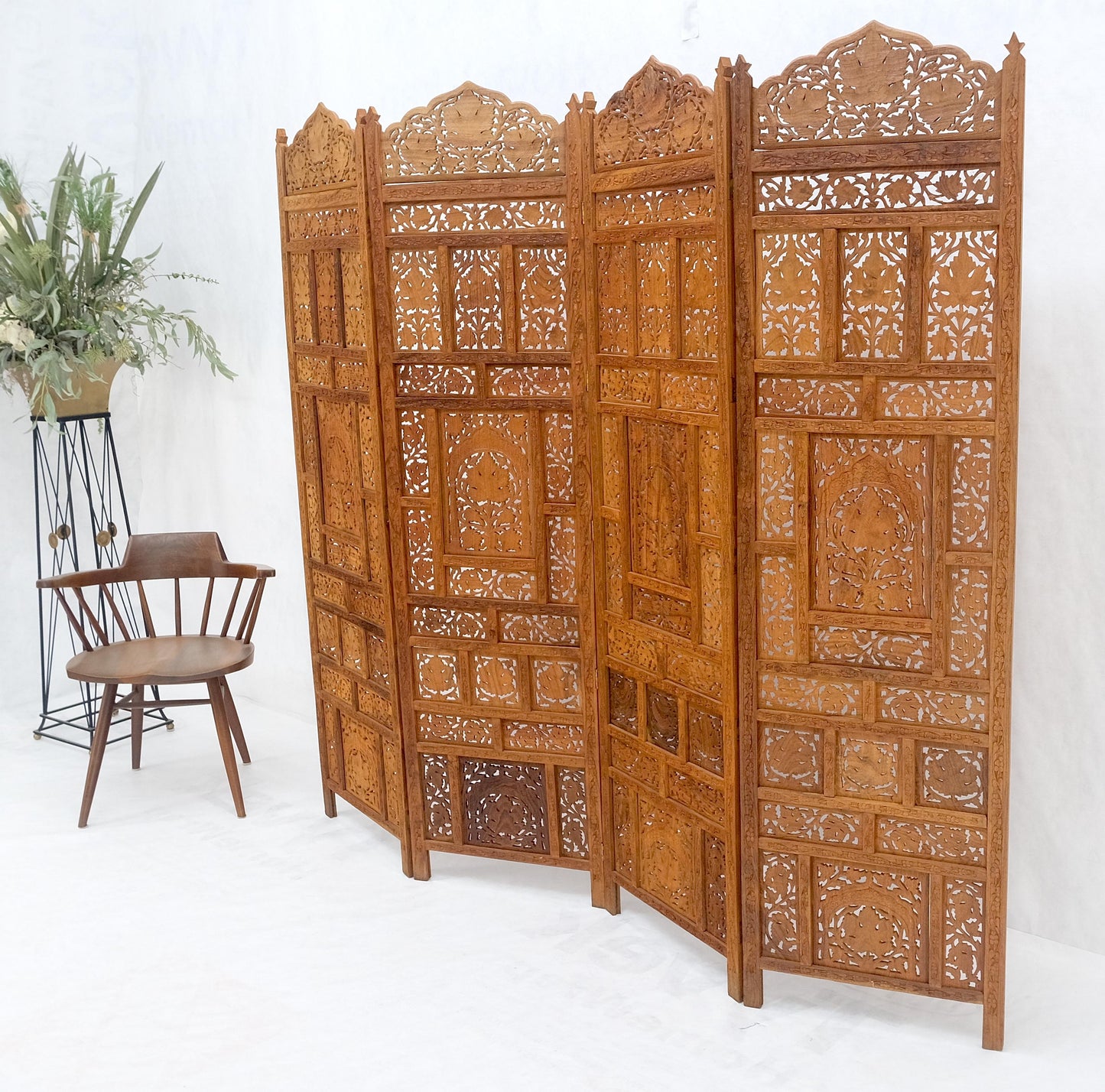 EstablishedLines Fine Asian Carved Teak 4 Panels Screen Room Divider Mint!