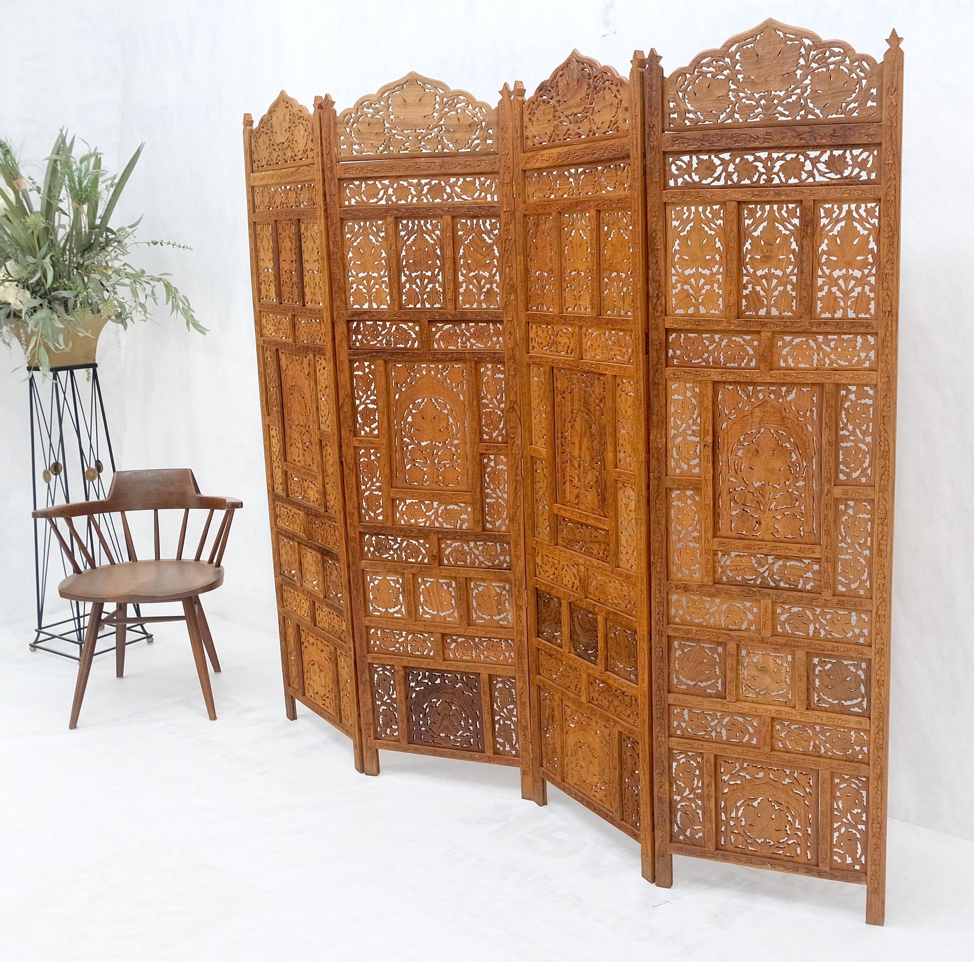 EstablishedLines Fine Asian Carved Teak 4 Panels Screen Room Divider Mint!