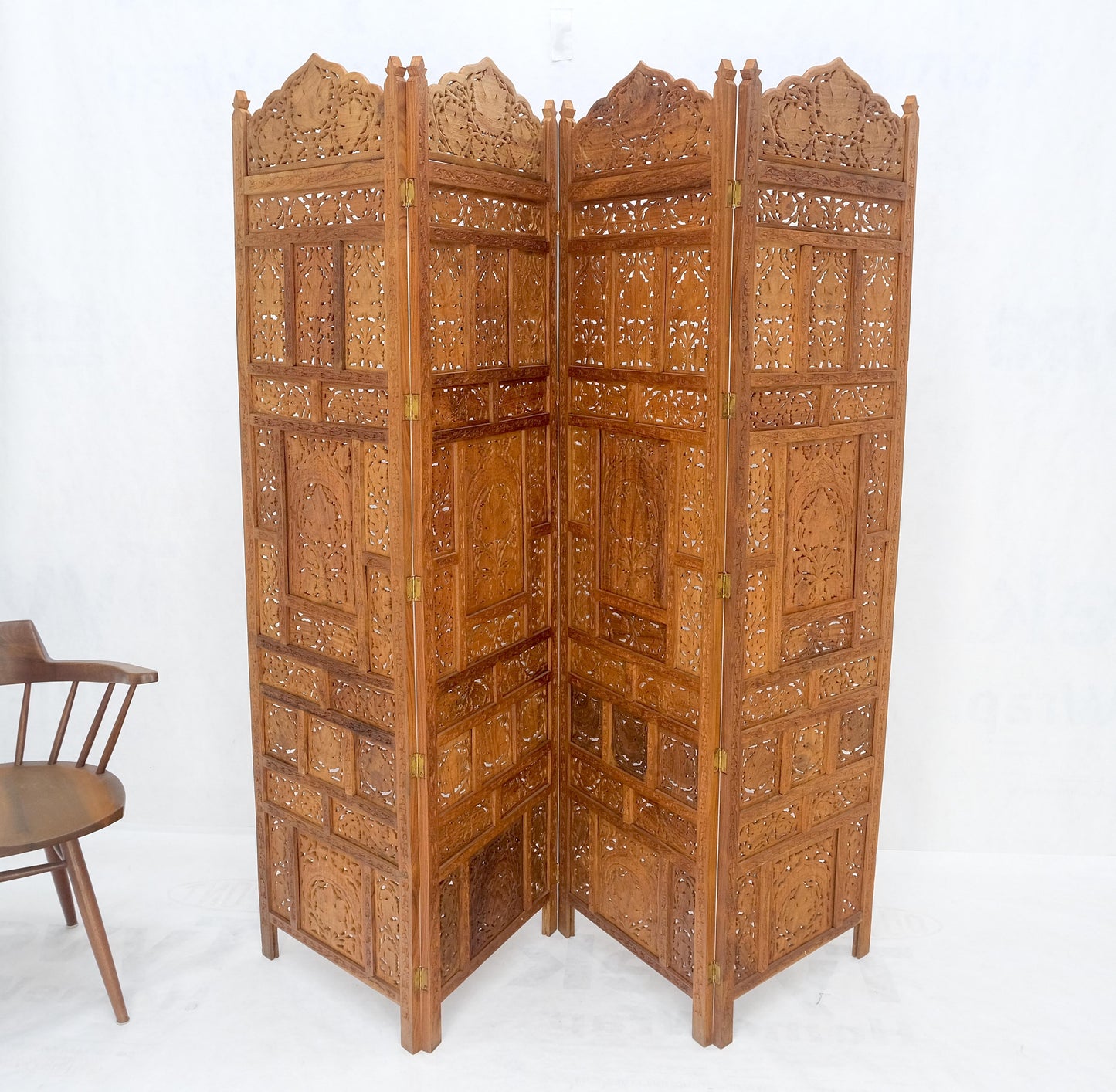 EstablishedLines Fine Asian Carved Teak 4 Panels Screen Room Divider Mint!