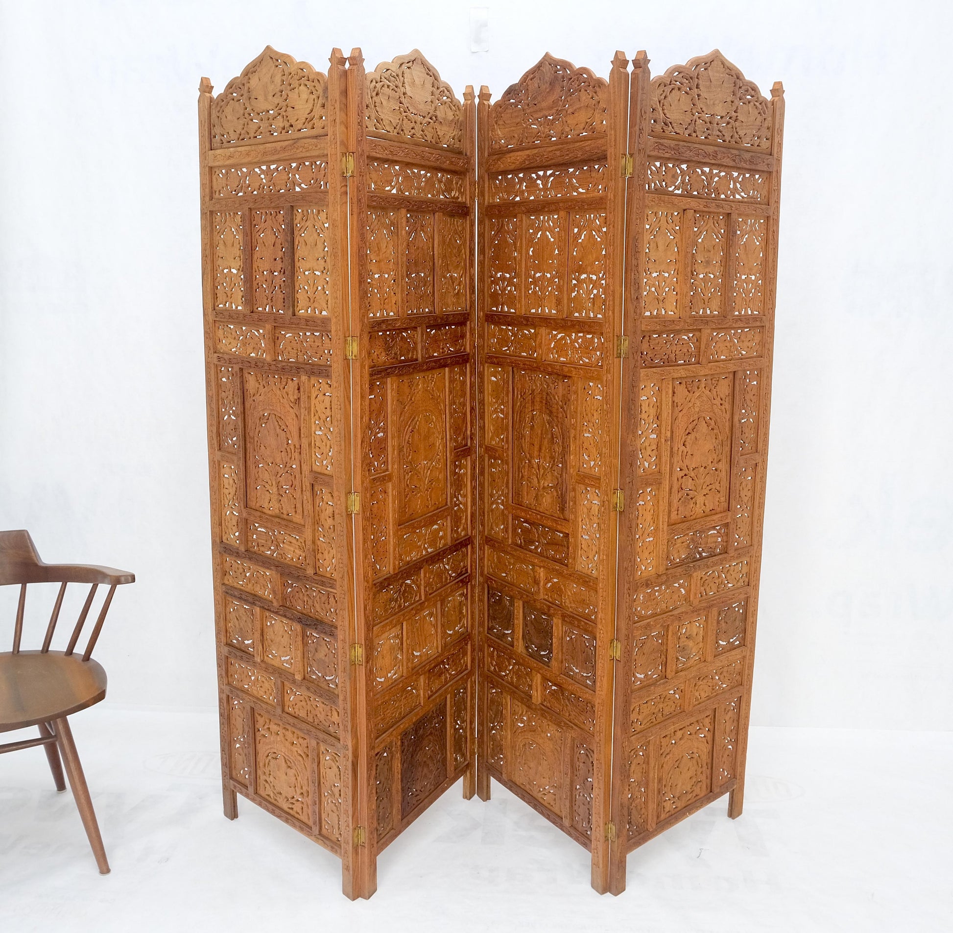 EstablishedLines Fine Asian Carved Teak 4 Panels Screen Room Divider Mint!