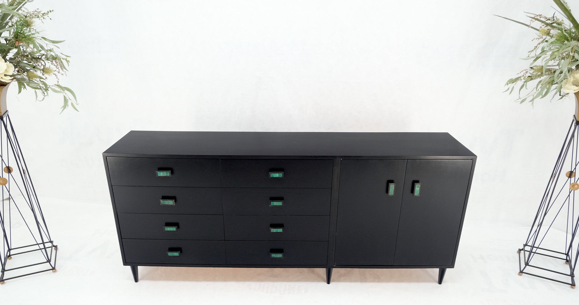 EstablishedLines Large Oversize Long Ebonized Black Lacquer Credenza Dresser Dowel Cone Legs Mint