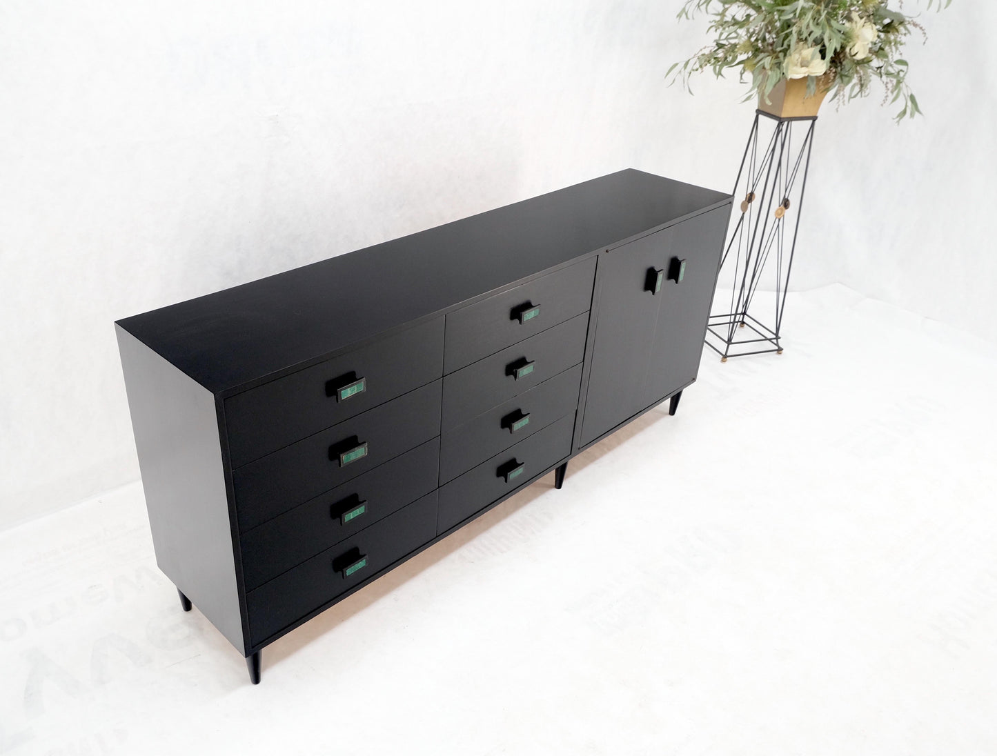 EstablishedLines Large Oversize Long Ebonized Black Lacquer Credenza Dresser Dowel Cone Legs Mint
