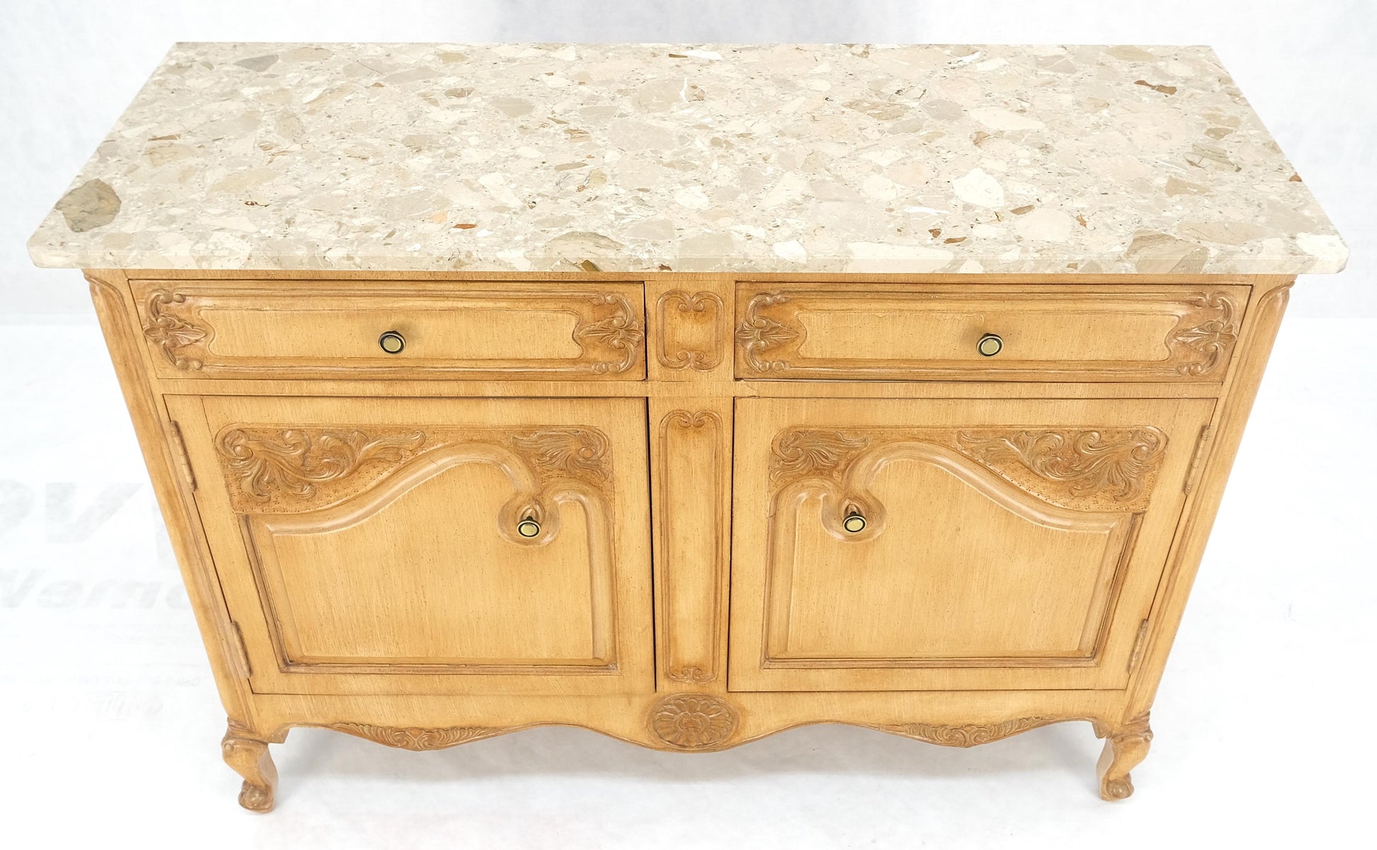 EstablishedLines Marble Top Oak Country French Two Doors Drawers Cabinet Server Sideboard Buffet
