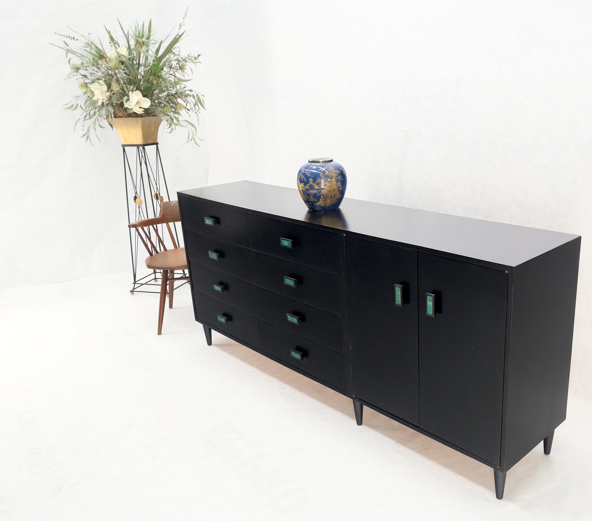 EstablishedLines Large Oversize Long Ebonized Black Lacquer Credenza Dresser Dowel Cone Legs Mint