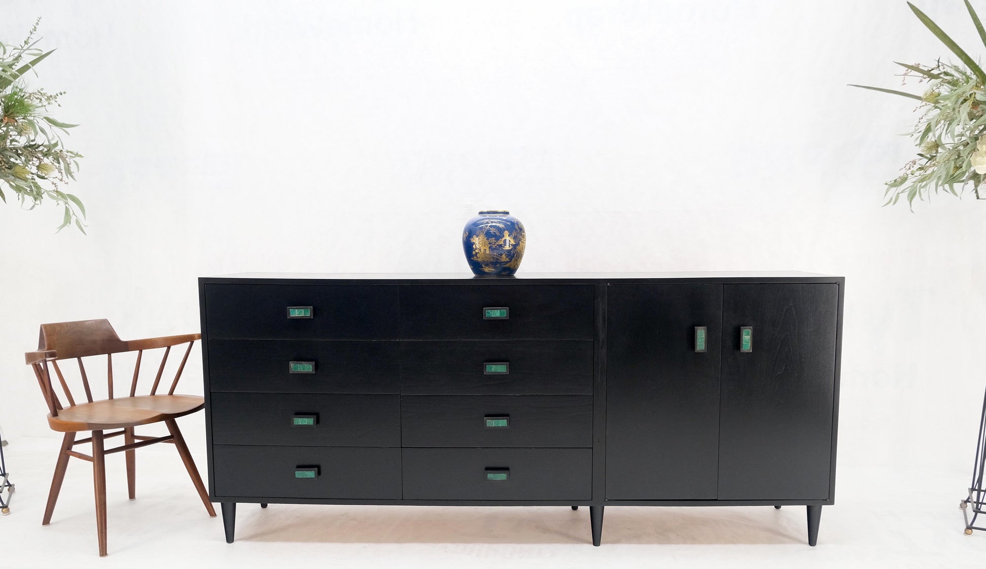 EstablishedLines Large Oversize Long Ebonized Black Lacquer Credenza Dresser Dowel Cone Legs Mint