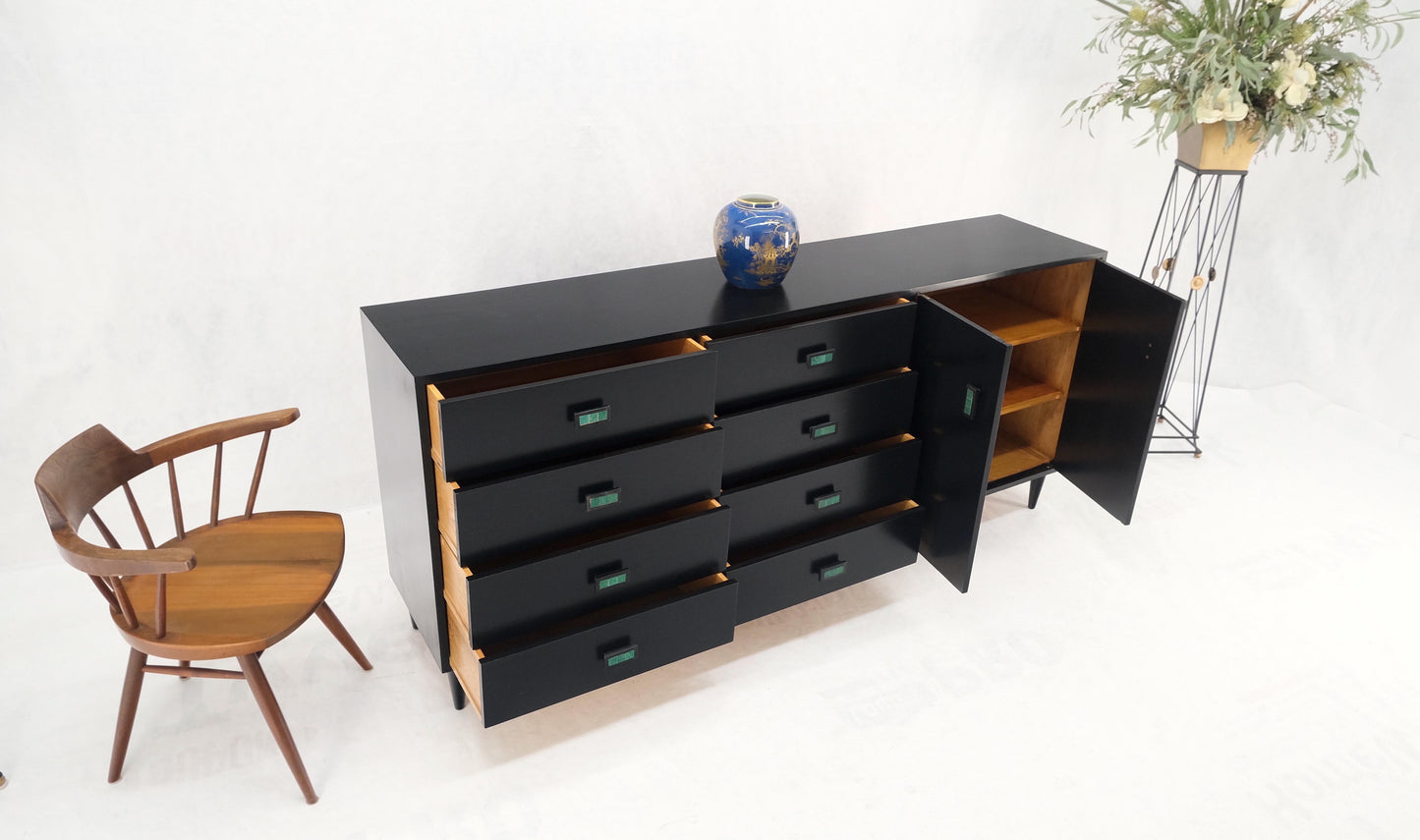 EstablishedLines Large Oversize Long Ebonized Black Lacquer Credenza Dresser Dowel Cone Legs Mint