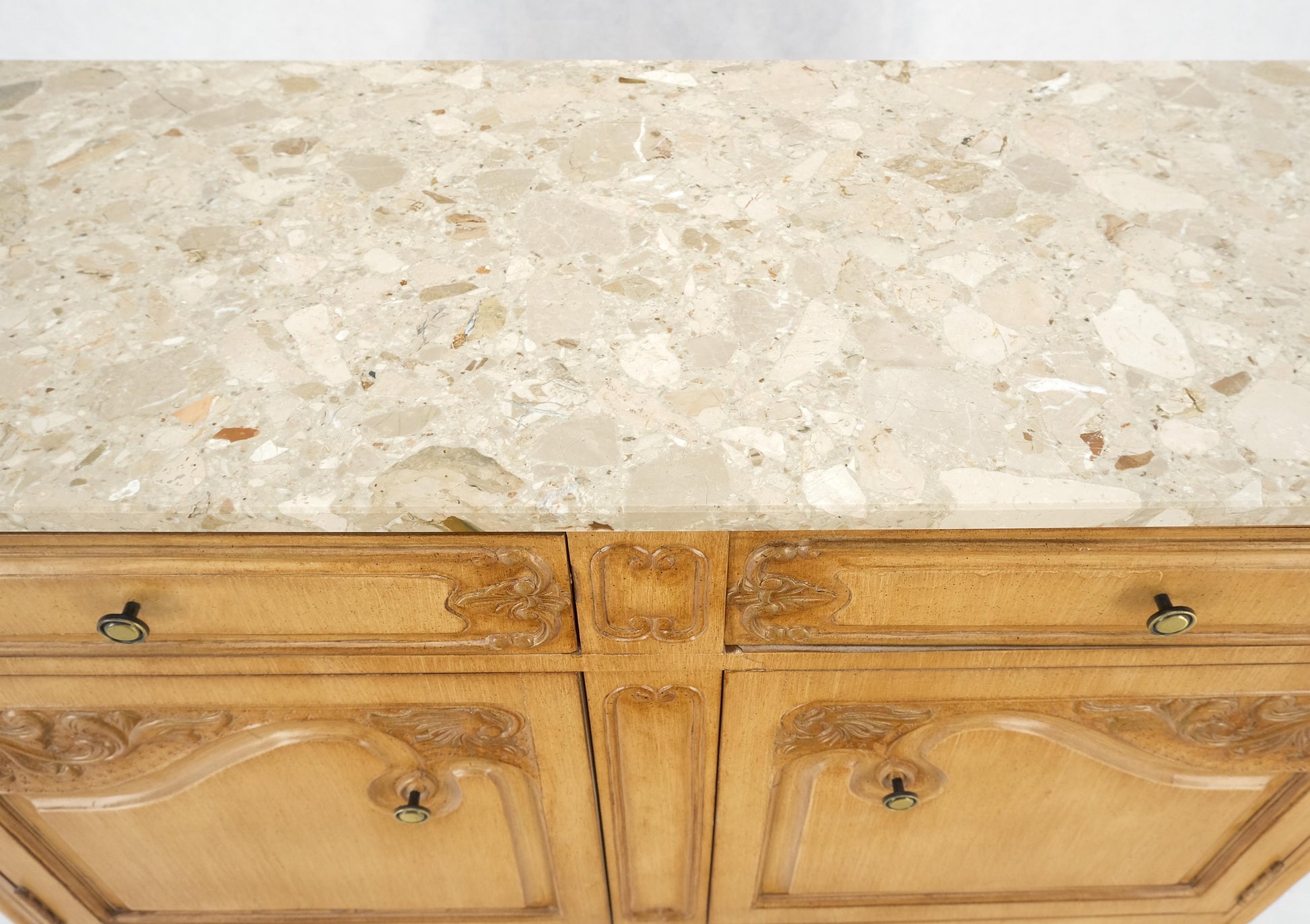 EstablishedLines Marble Top Oak Country French Two Doors Drawers Cabinet Server Sideboard Buffet