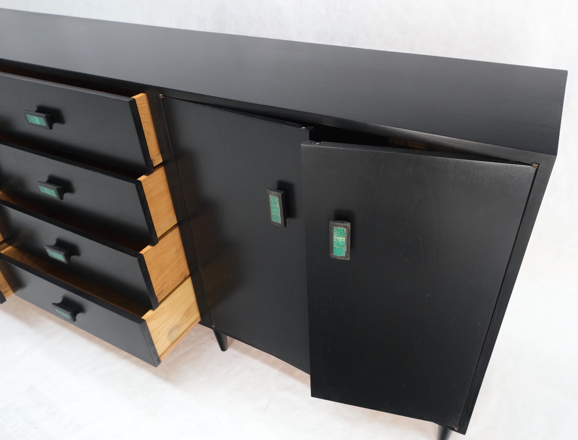EstablishedLines Large Oversize Long Ebonized Black Lacquer Credenza Dresser Dowel Cone Legs Mint