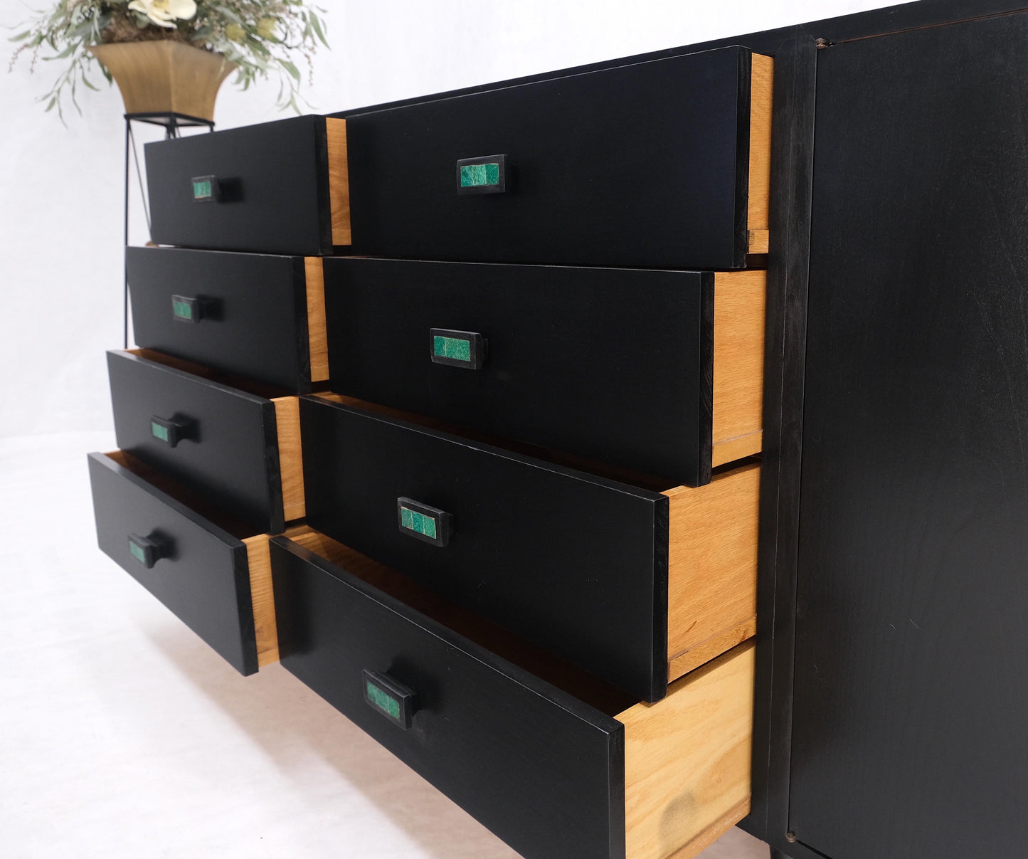 EstablishedLines Large Oversize Long Ebonized Black Lacquer Credenza Dresser Dowel Cone Legs Mint
