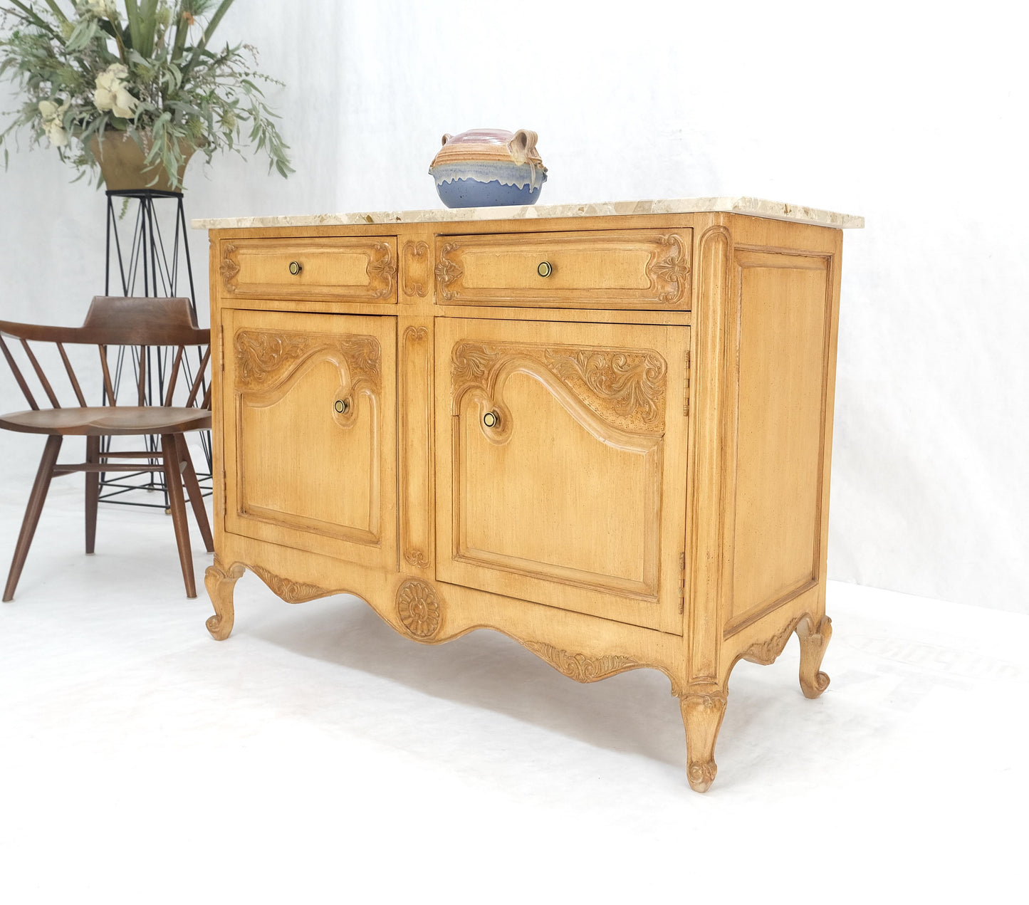 EstablishedLines Marble Top Oak Country French Two Doors Drawers Cabinet Server Sideboard Buffet