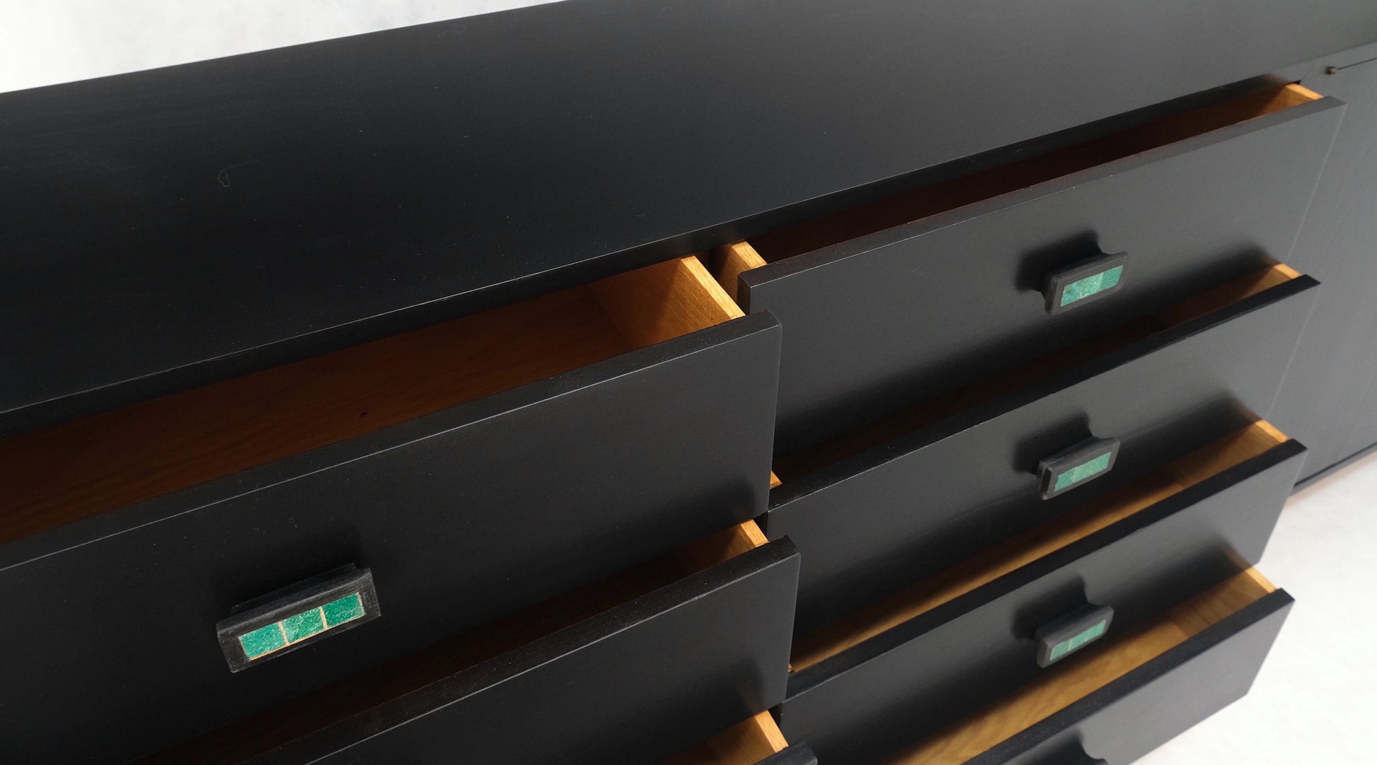 EstablishedLines Large Oversize Long Ebonized Black Lacquer Credenza Dresser Dowel Cone Legs Mint
