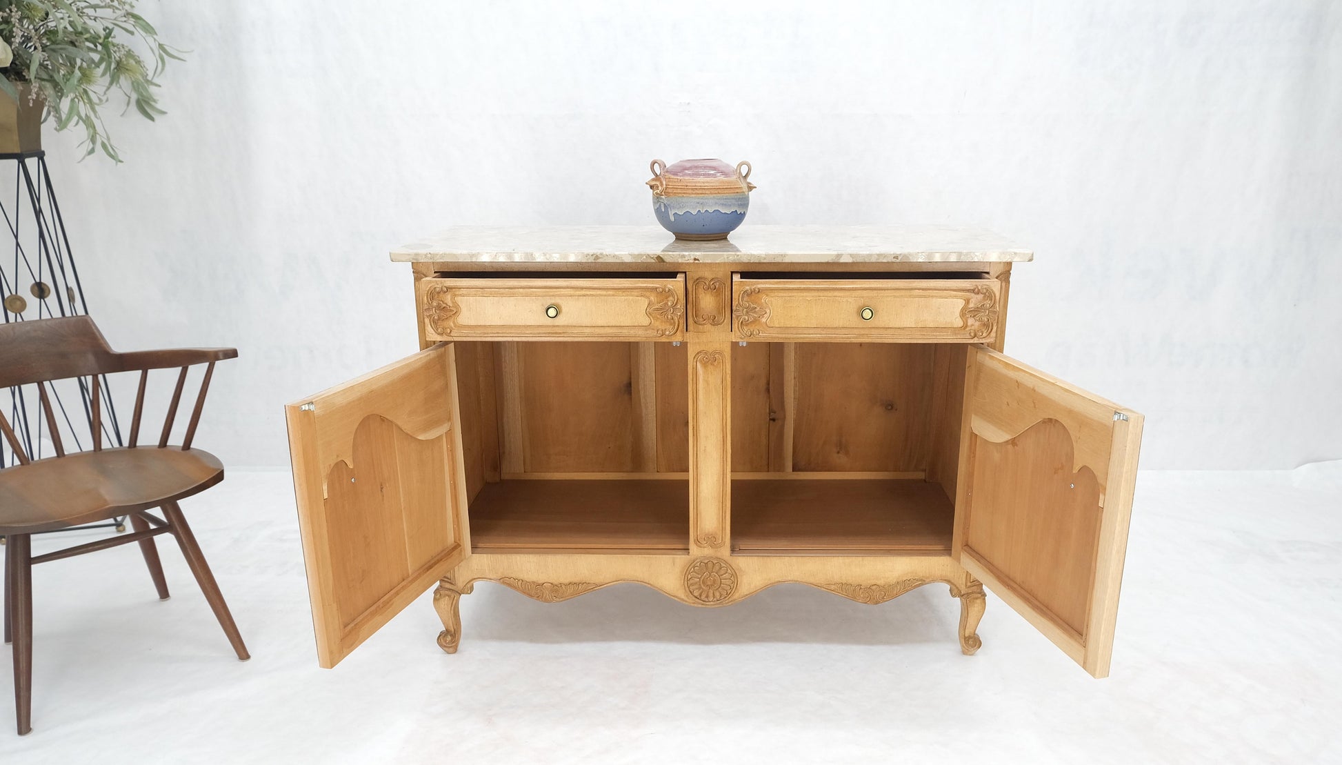 EstablishedLines Marble Top Oak Country French Two Doors Drawers Cabinet Server Sideboard Buffet