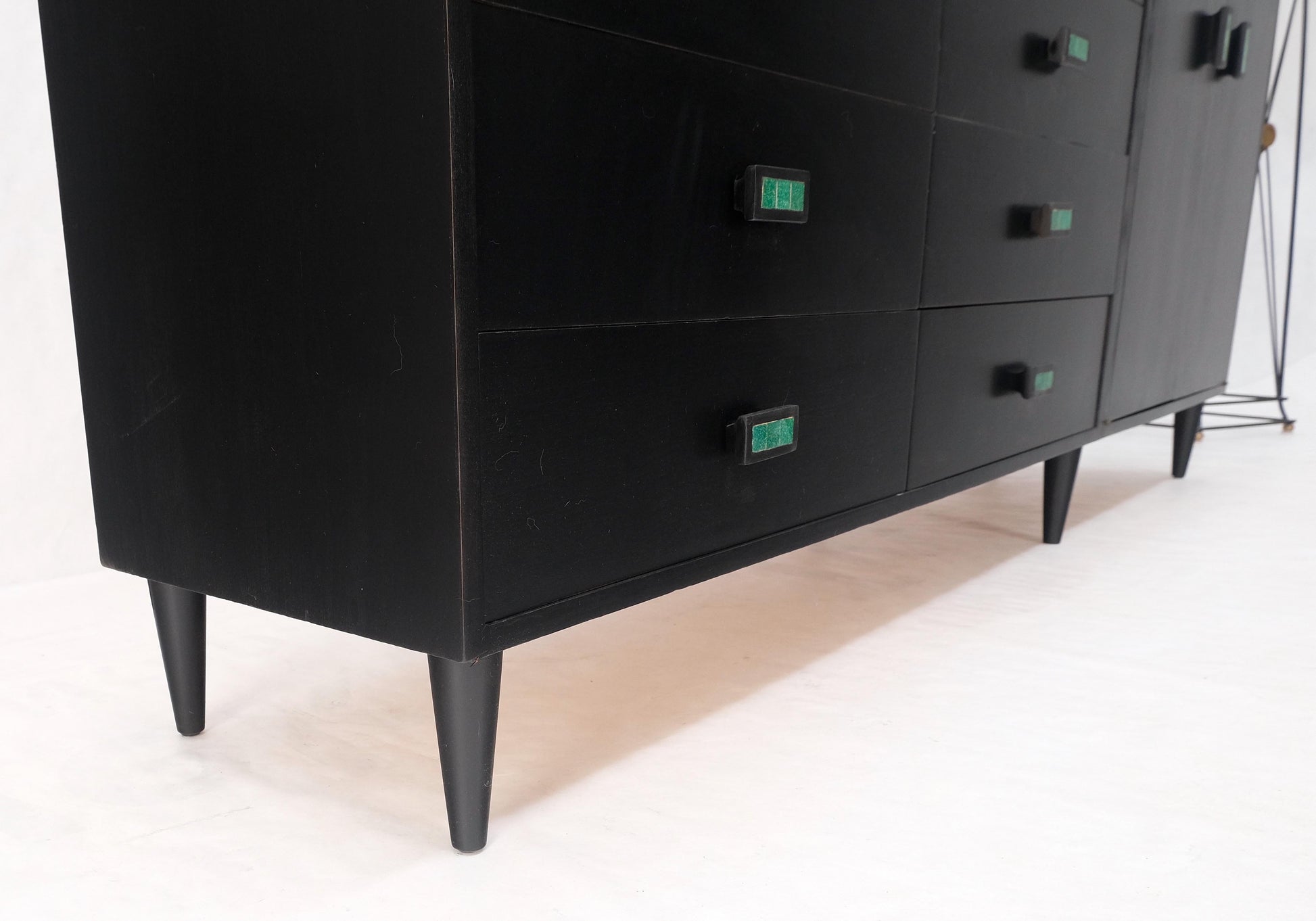 EstablishedLines Large Oversize Long Ebonized Black Lacquer Credenza Dresser Dowel Cone Legs Mint