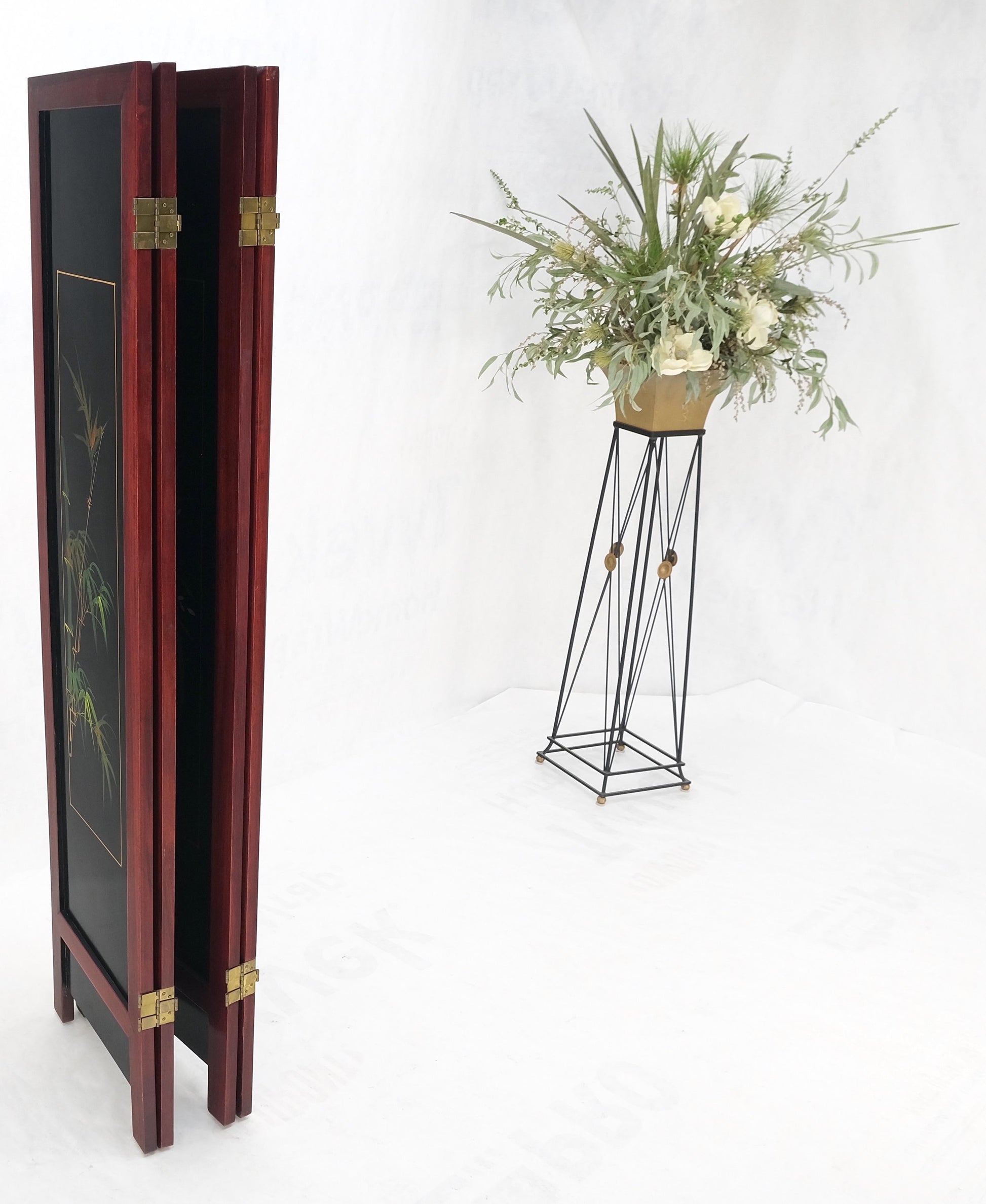Lacquered Wood Mother of Pearl Chinese Oriental 4 Panel Room Divider Screen