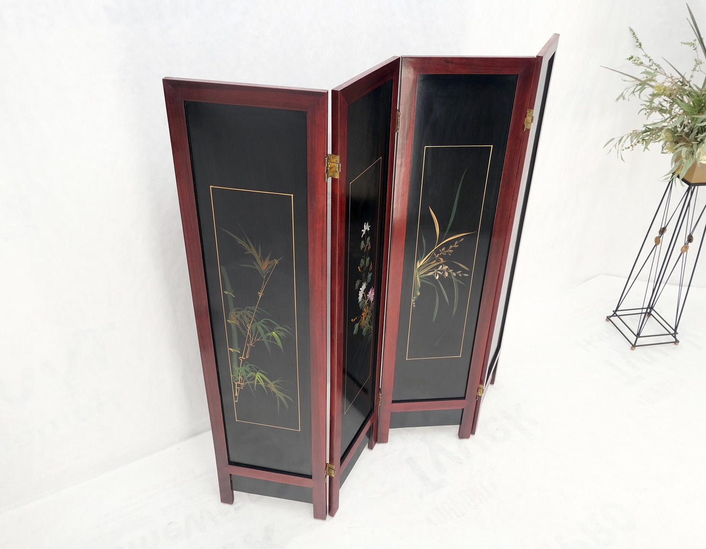 Lacquered Wood Mother of Pearl Chinese Oriental 4 Panel Room Divider Screen