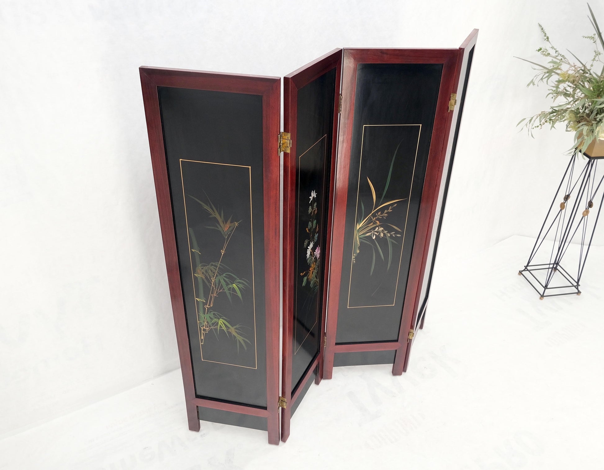 Lacquered Wood Mother of Pearl Chinese Oriental 4 Panel Room Divider Screen