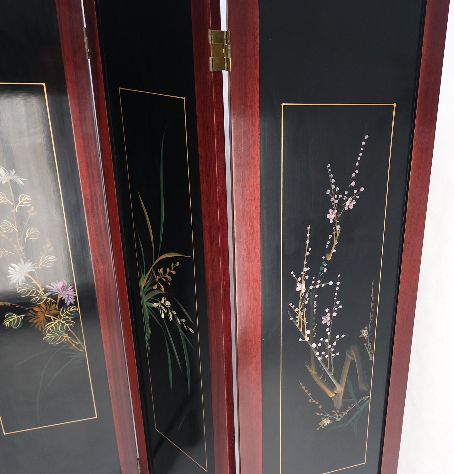 Lacquered Wood Mother of Pearl Chinese Oriental 4 Panel Room Divider Screen