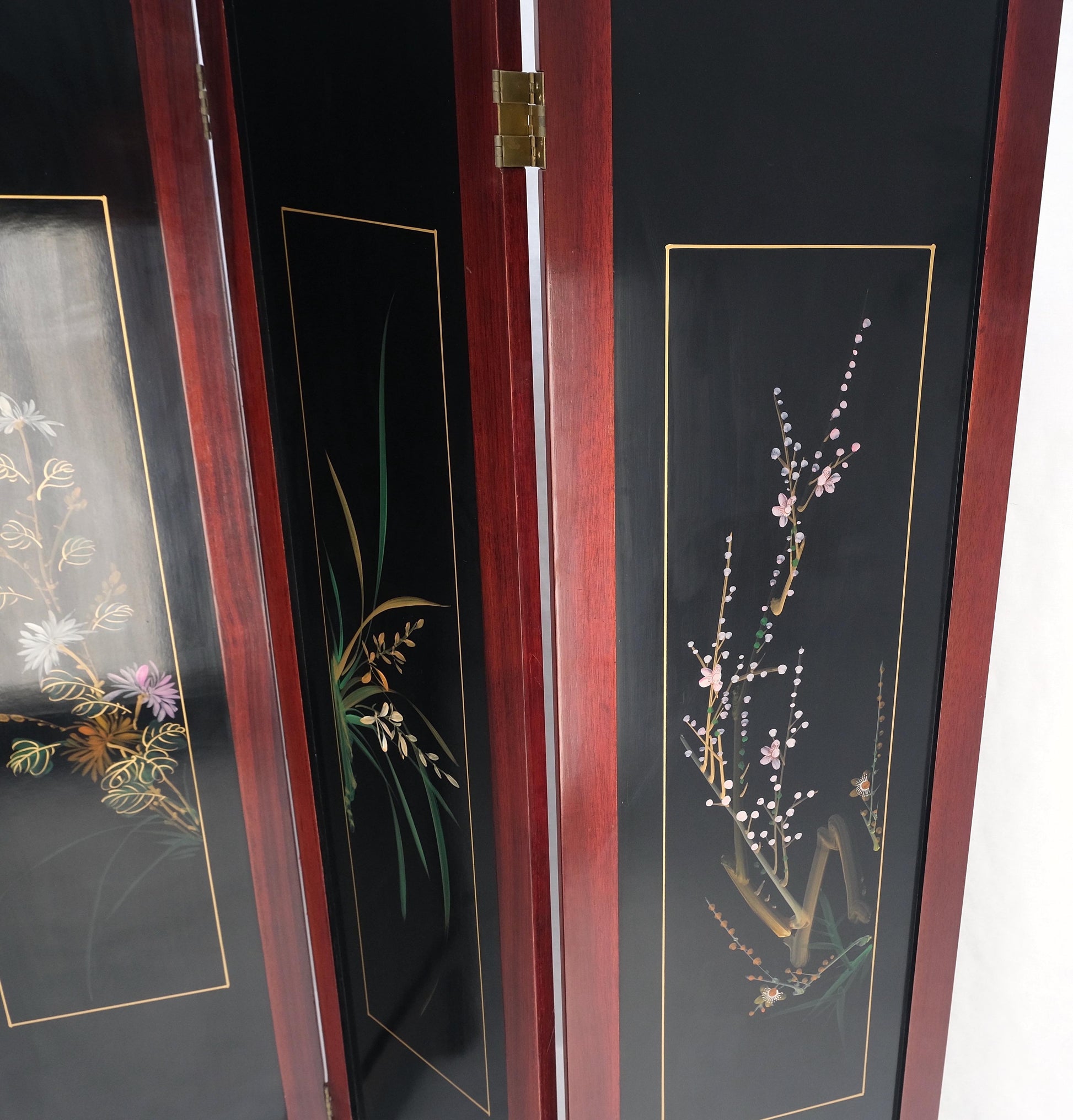 Lacquered Wood Mother of Pearl Chinese Oriental 4 Panel Room Divider Screen
