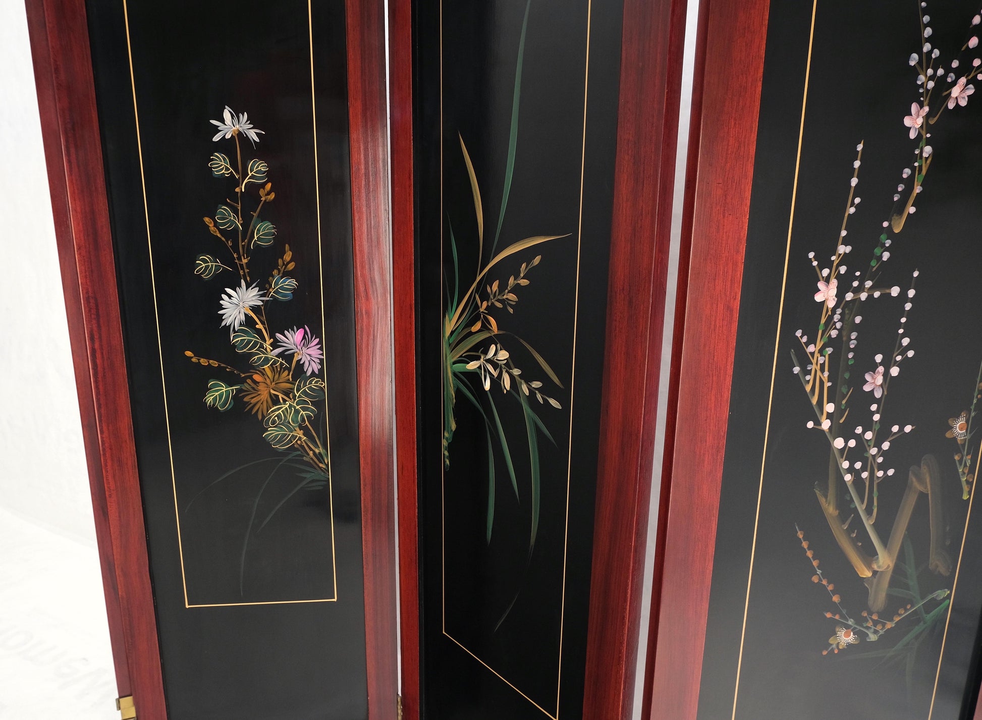 Lacquered Wood Mother of Pearl Chinese Oriental 4 Panel Room Divider Screen