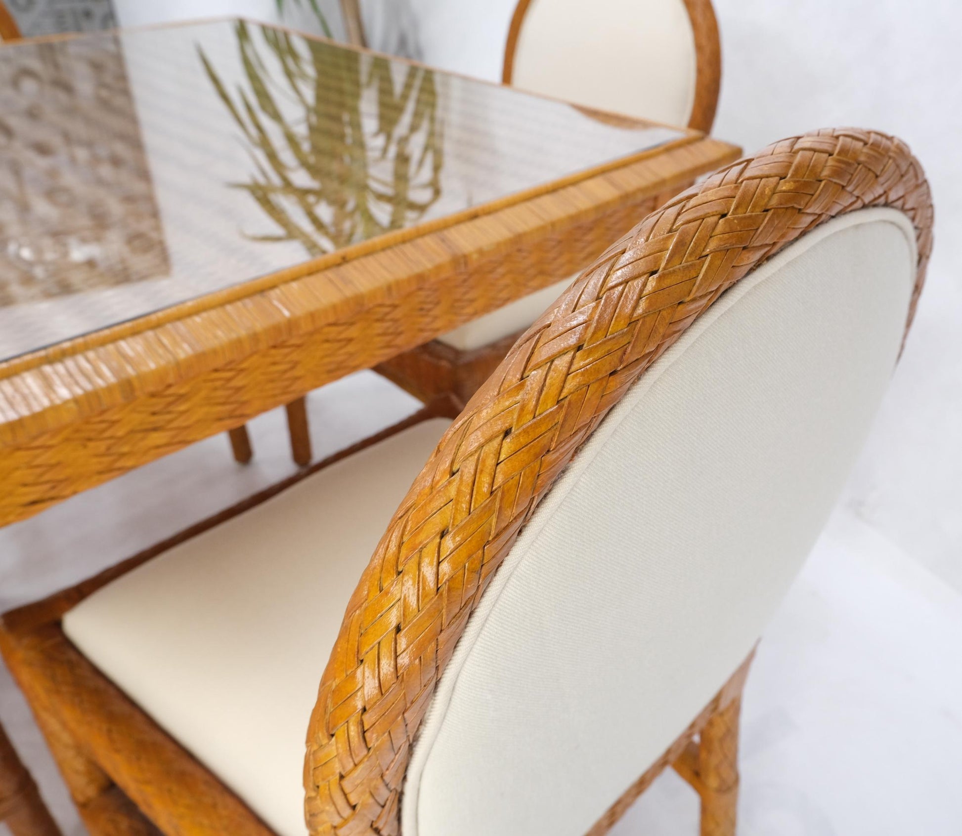 EstablishedLines Leather Basket Weave Wicker Style Square Dining Room Table 4 Chairs Glass Top