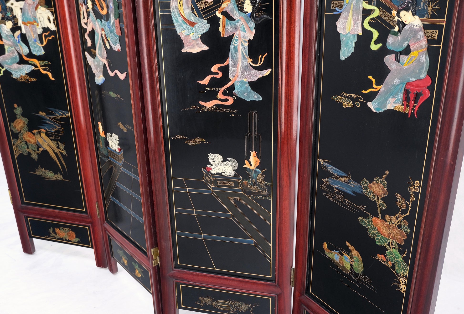 Lacquered Wood Mother of Pearl Chinese Oriental 4 Panel Room Divider Screen