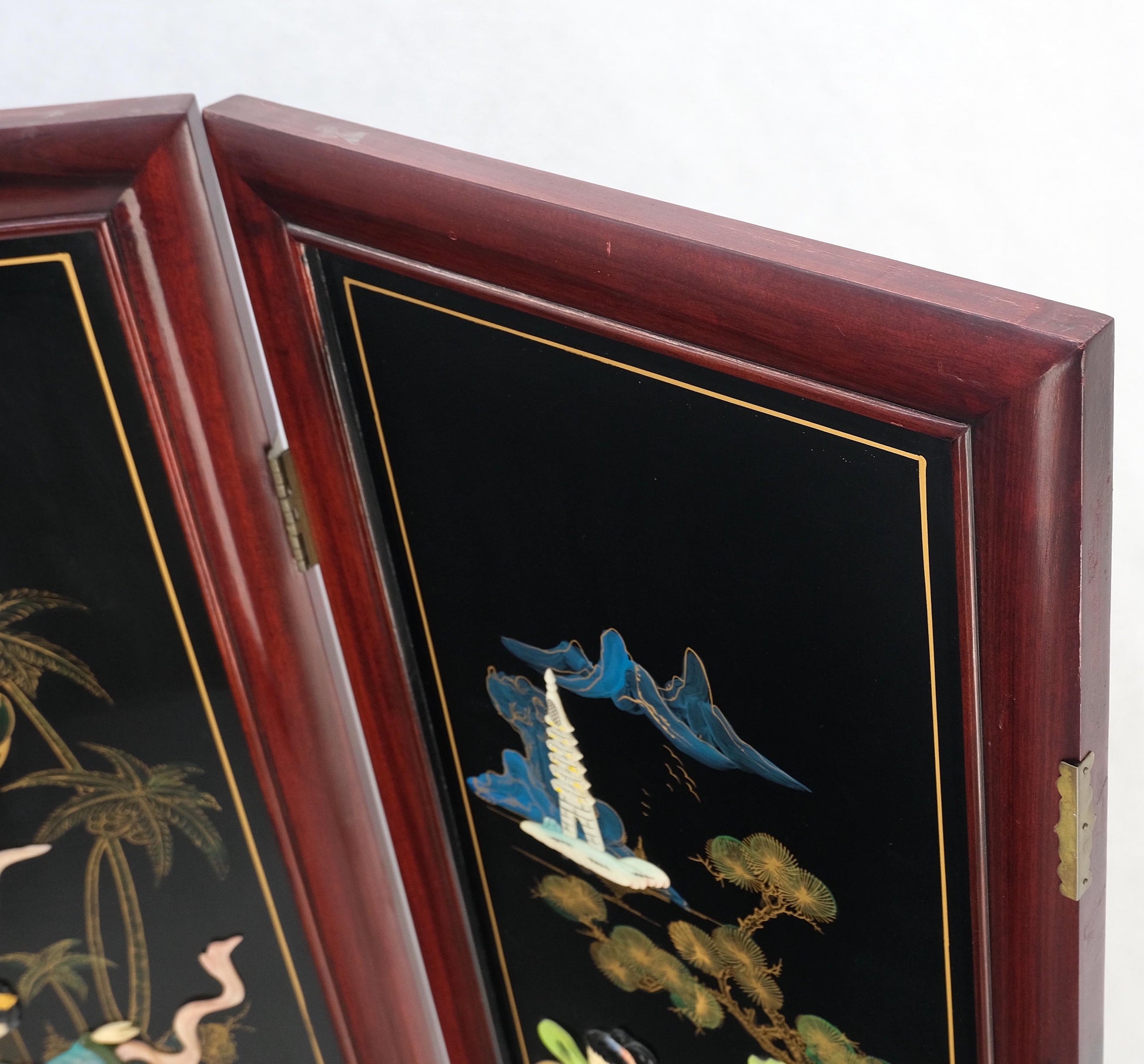 Lacquered Wood Mother of Pearl Chinese Oriental 4 Panel Room Divider Screen