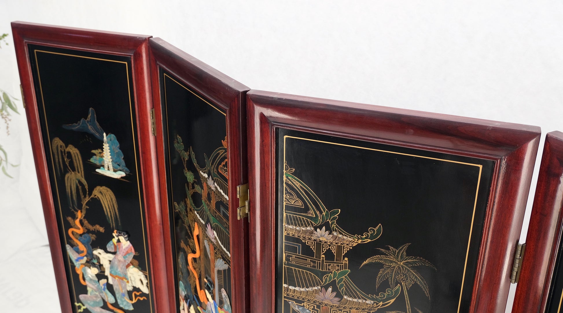 Lacquered Wood Mother of Pearl Chinese Oriental 4 Panel Room Divider Screen