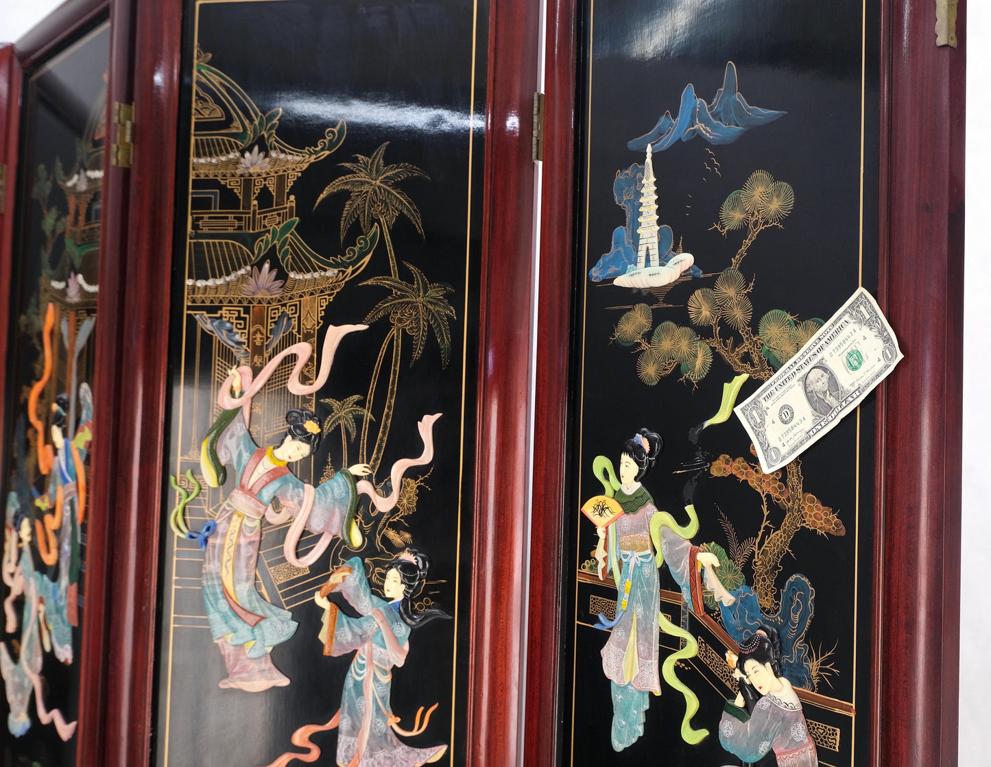 Lacquered Wood Mother of Pearl Chinese Oriental 4 Panel Room Divider Screen