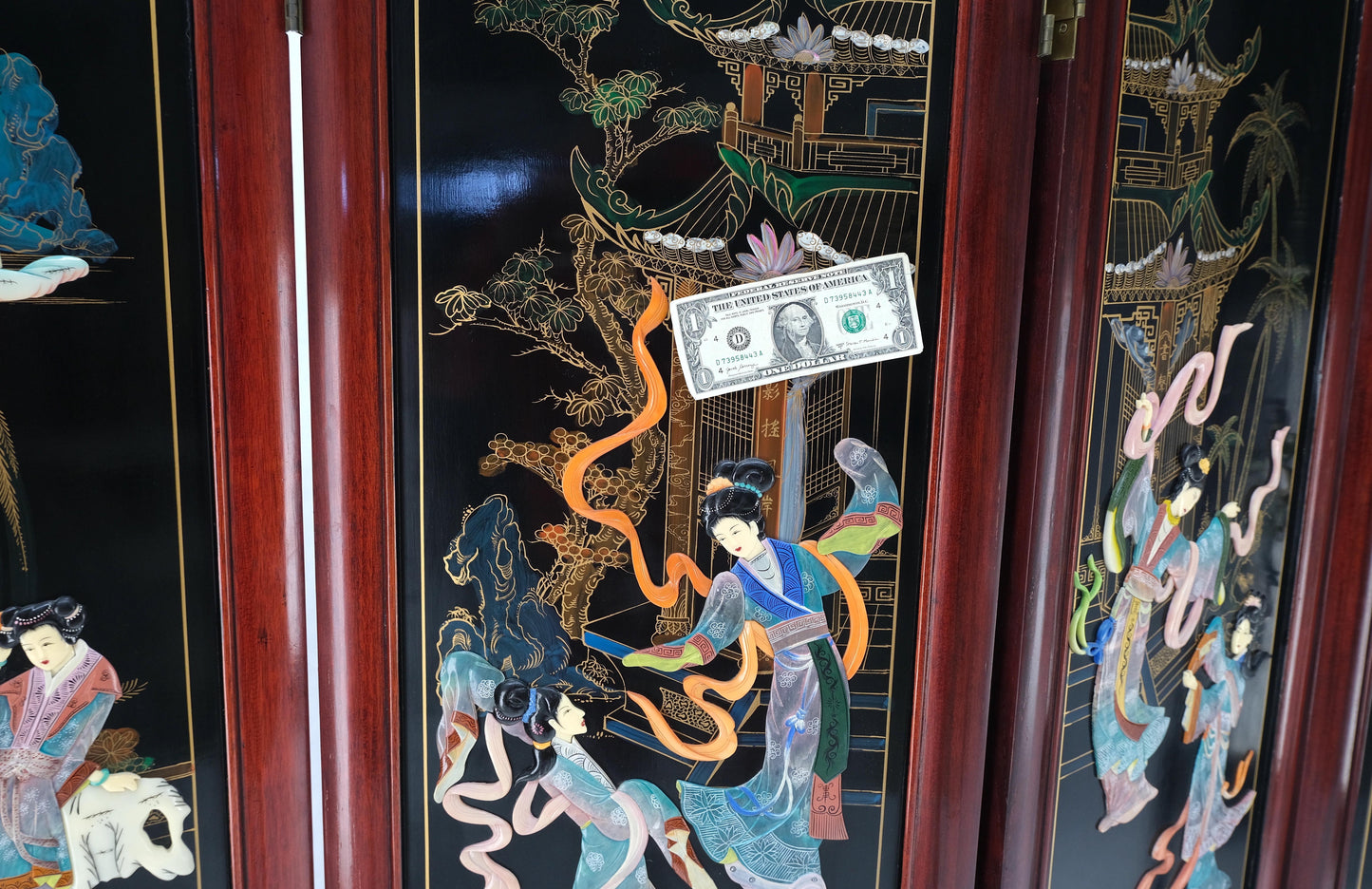 Lacquered Wood Mother of Pearl Chinese Oriental 4 Panel Room Divider Screen