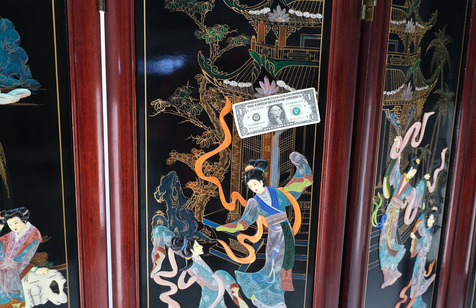 Lacquered Wood Mother of Pearl Chinese Oriental 4 Panel Room Divider Screen