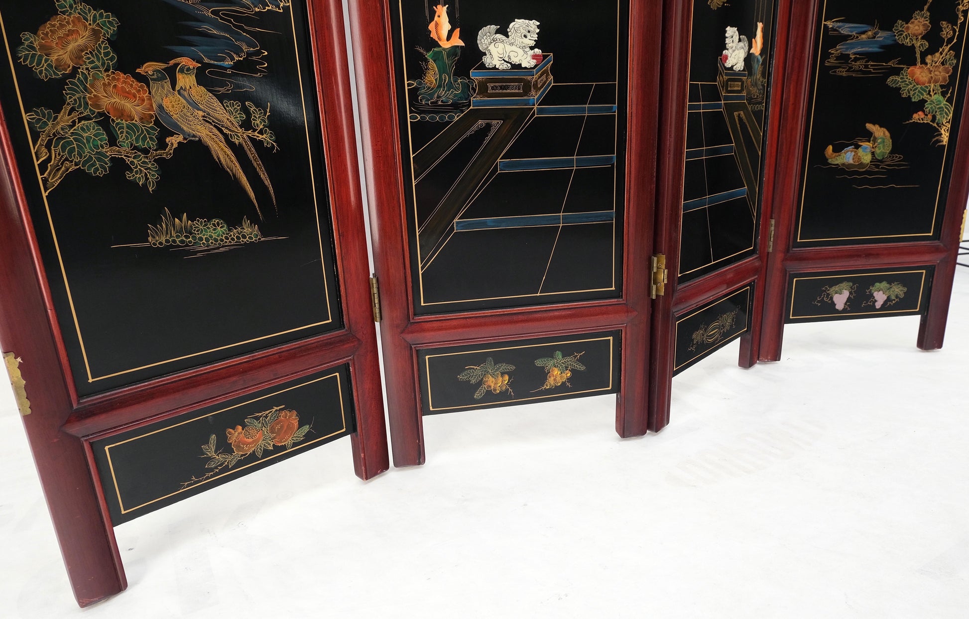 Lacquered Wood Mother of Pearl Chinese Oriental 4 Panel Room Divider Screen