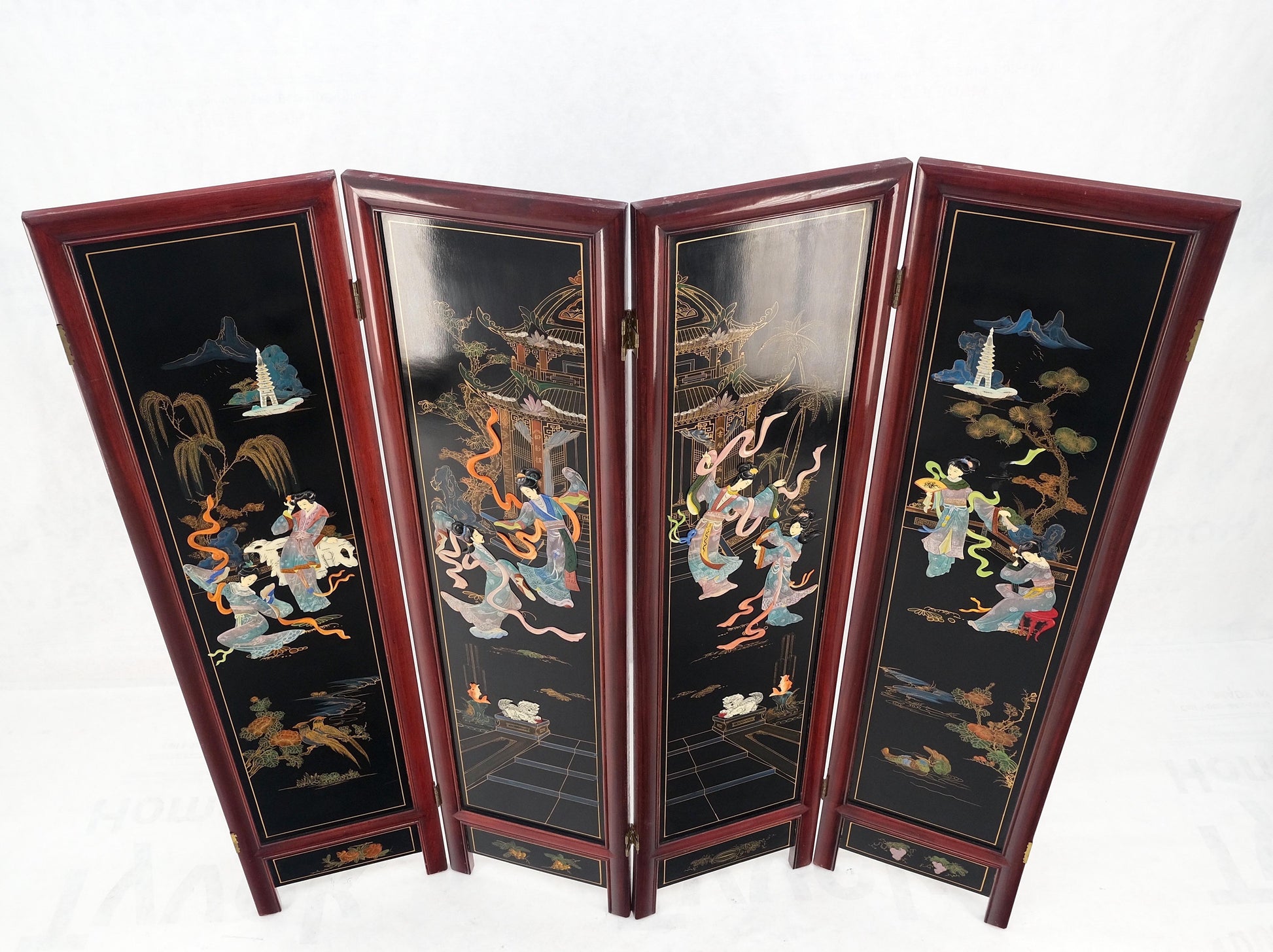 Lacquered Wood Mother of Pearl Chinese Oriental 4 Panel Room Divider Screen