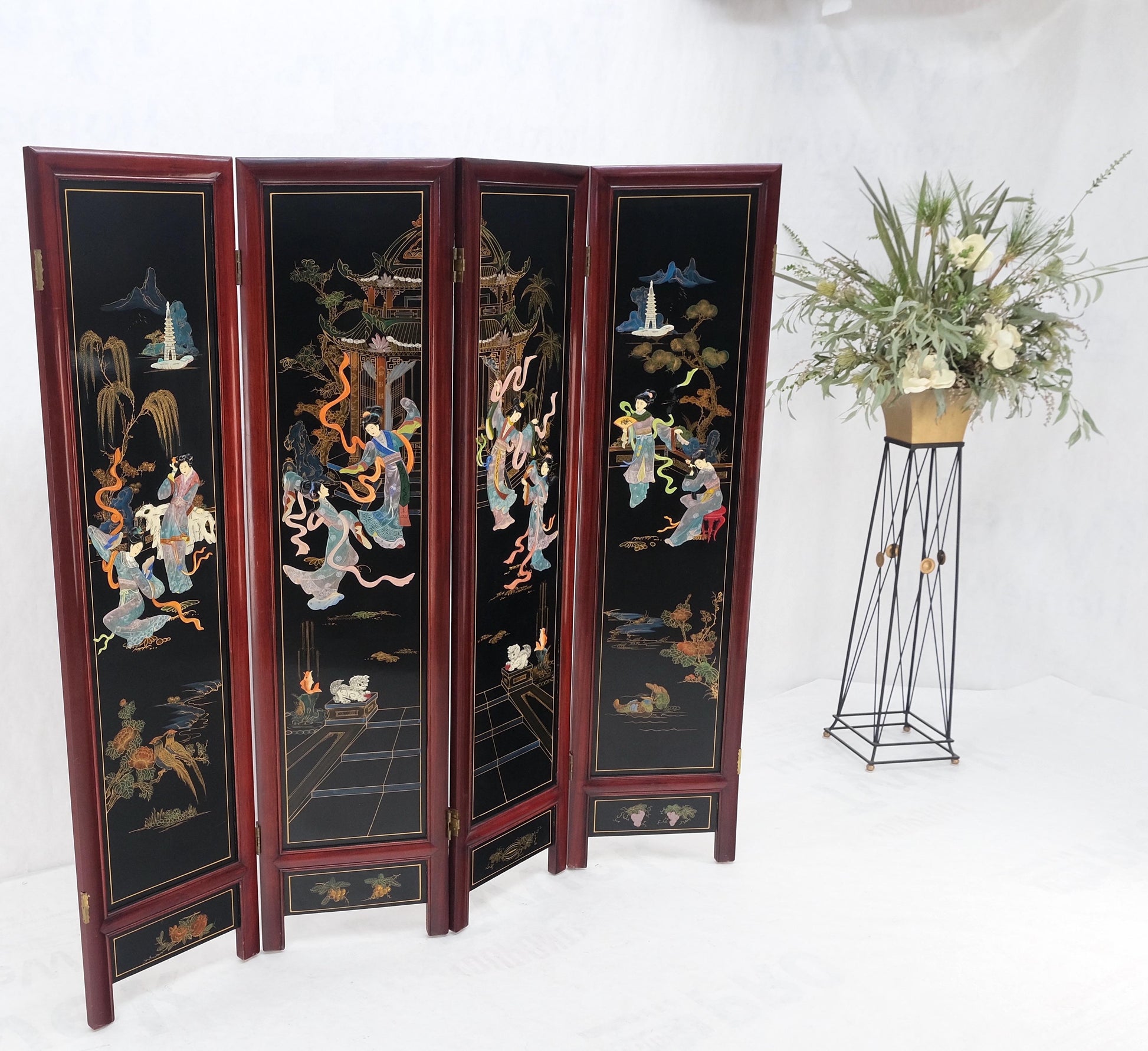 Lacquered Wood Mother of Pearl Chinese Oriental 4 Panel Room Divider Screen