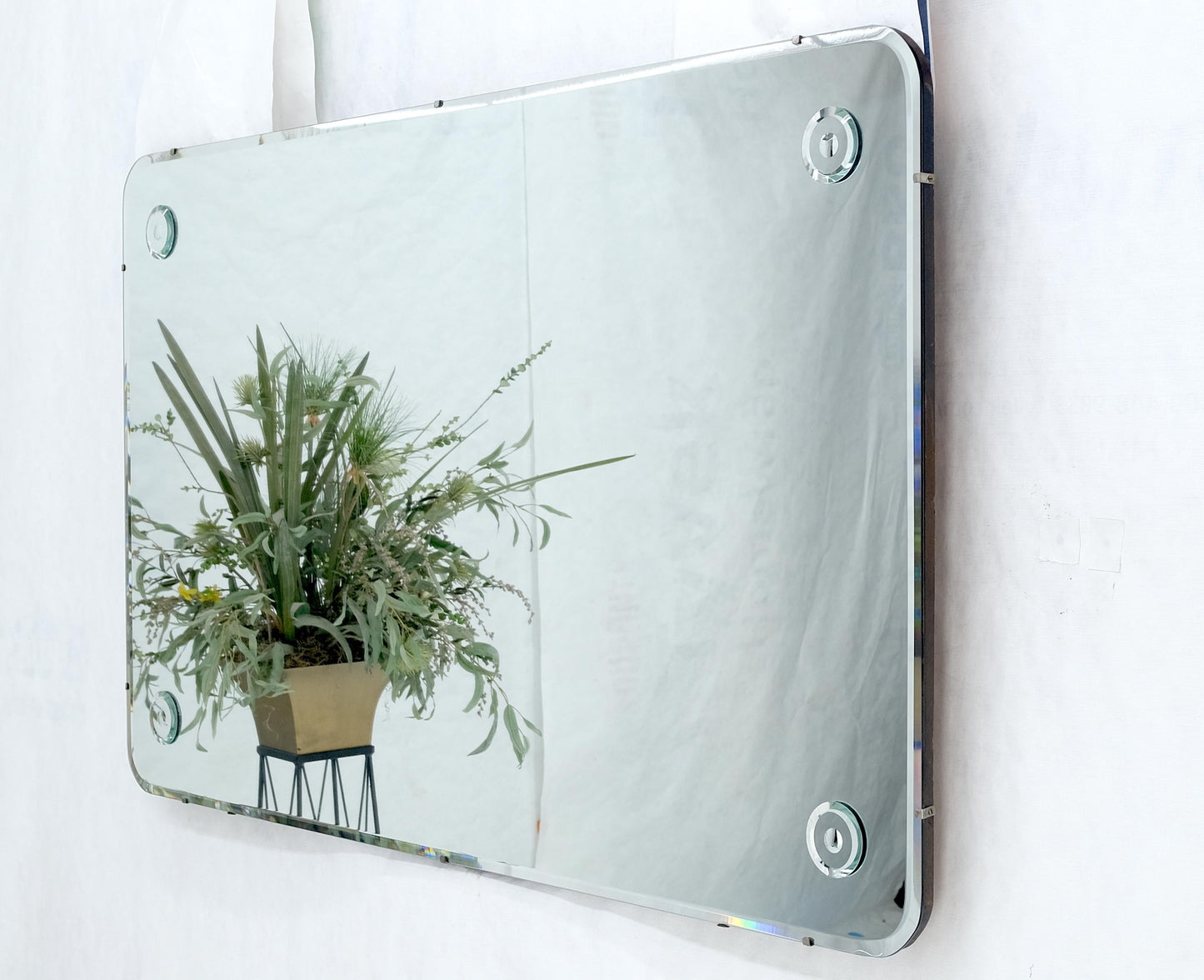 EstablishedLines Swedish 1950's Beveled Rectangle Rounded Corners Decorative Rosettes Wall Mirror