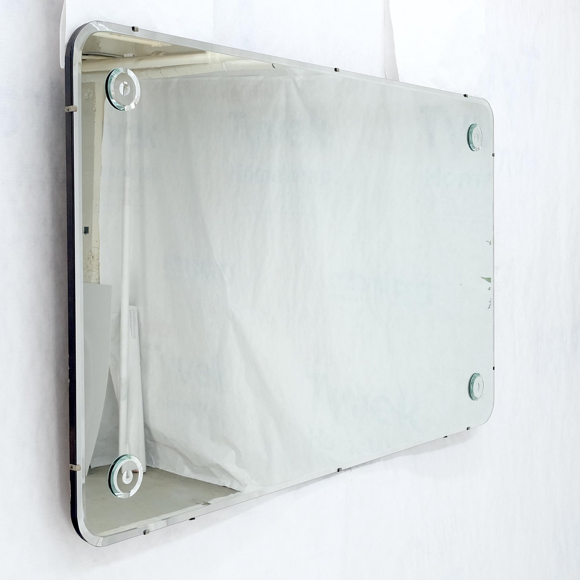 EstablishedLines Swedish 1950's Beveled Rectangle Rounded Corners Decorative Rosettes Wall Mirror