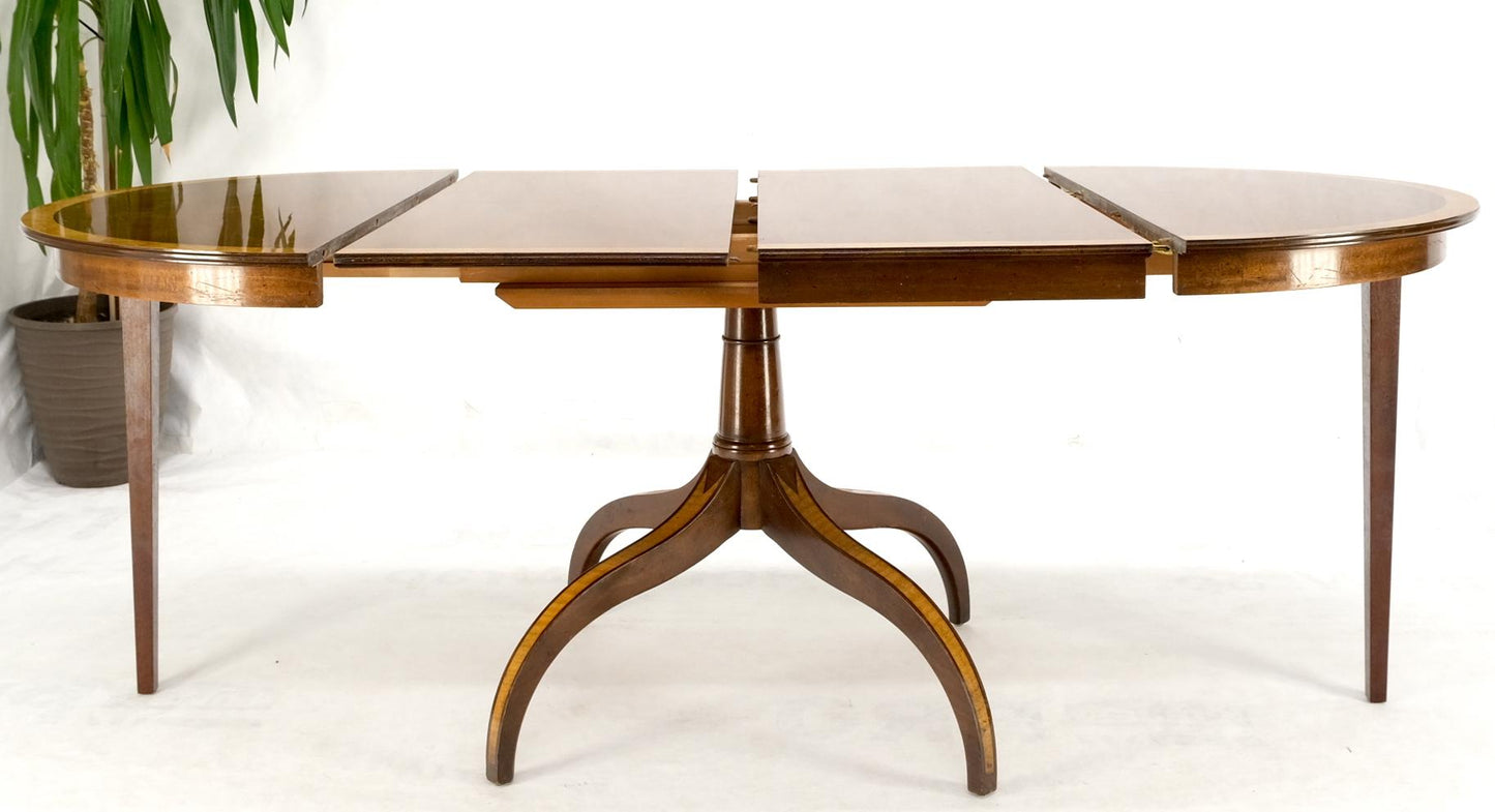 EstablishedLines Charak Lacquered Mahogany Banded Round Dining Table w/ 2 Leaves Inlaid Legs Mint