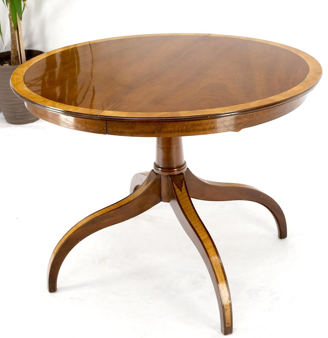 EstablishedLines Charak Lacquered Mahogany Banded Round Dining Table w/ 2 Leaves Inlaid Legs Mint