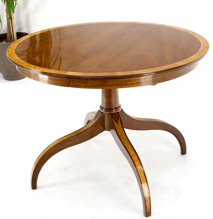 EstablishedLines Charak Lacquered Mahogany Banded Round Dining Table w/ 2 Leaves Inlaid Legs Mint