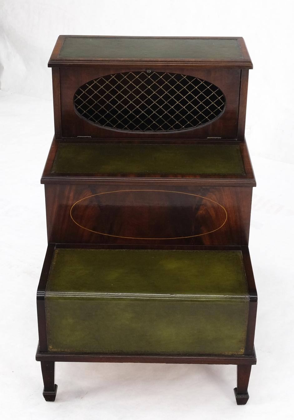 EstablishedLines English Green Leather & Mahogany Step Side End Table Stand Cabinet Bookcase