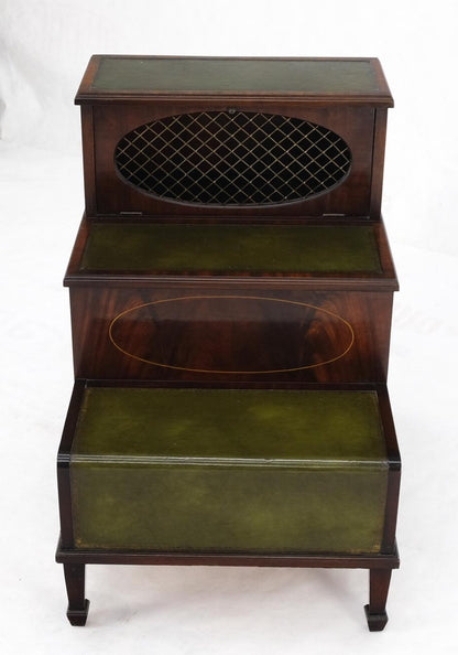 EstablishedLines English Green Leather & Mahogany Step Side End Table Stand Cabinet Bookcase