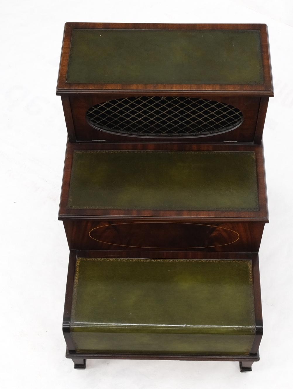 EstablishedLines English Green Leather & Mahogany Step Side End Table Stand Cabinet Bookcase