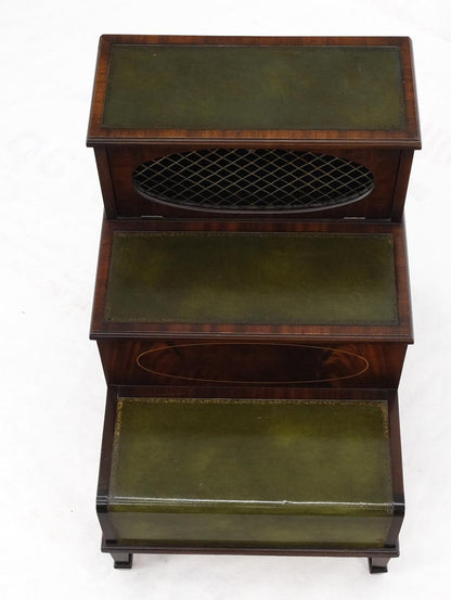 EstablishedLines English Green Leather & Mahogany Step Side End Table Stand Cabinet Bookcase