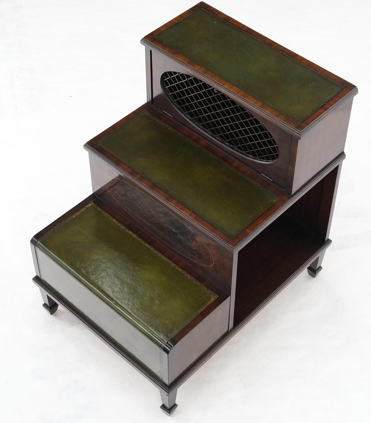 EstablishedLines English Green Leather & Mahogany Step Side End Table Stand Cabinet Bookcase