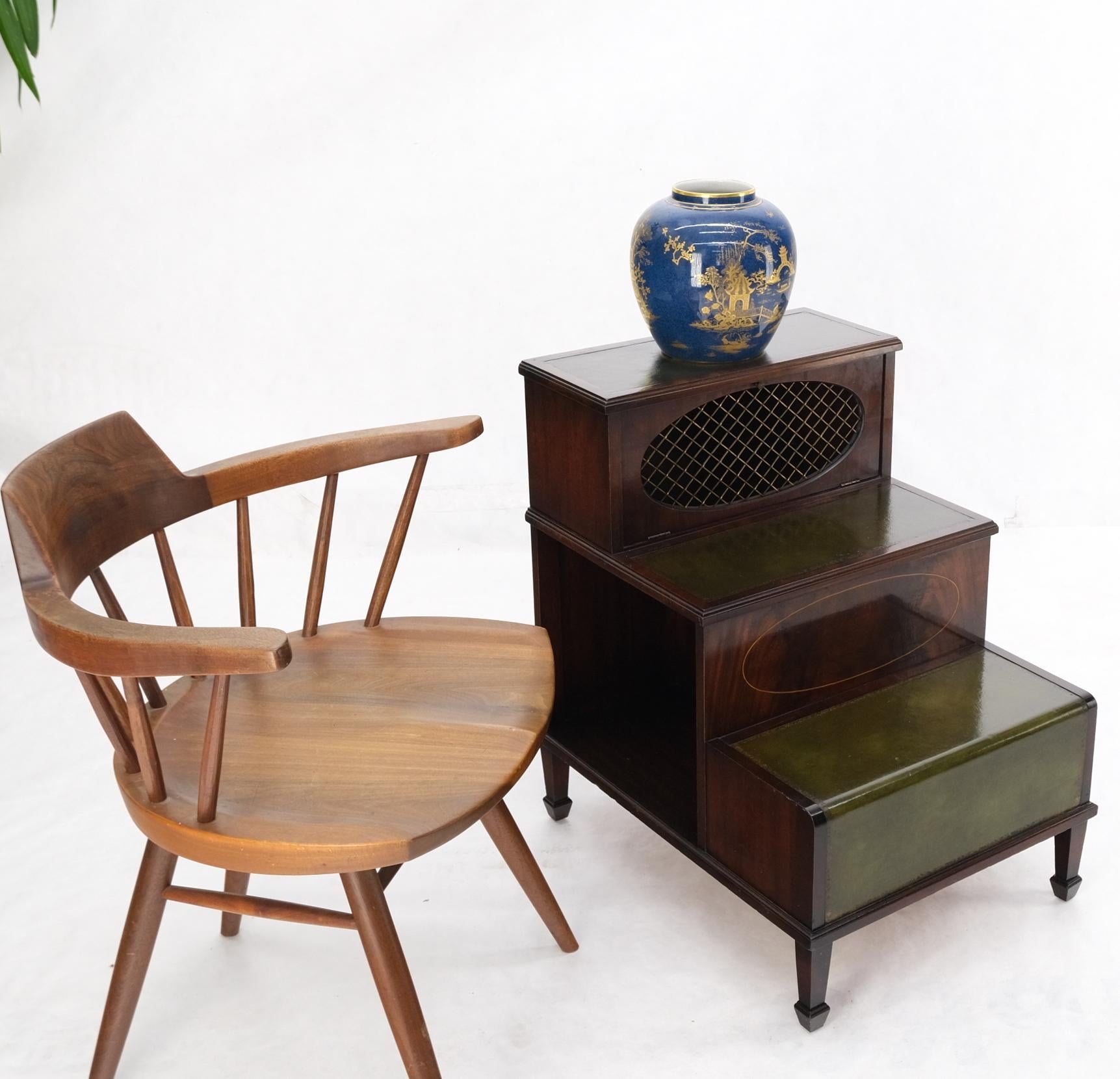 EstablishedLines English Green Leather & Mahogany Step Side End Table Stand Cabinet Bookcase
