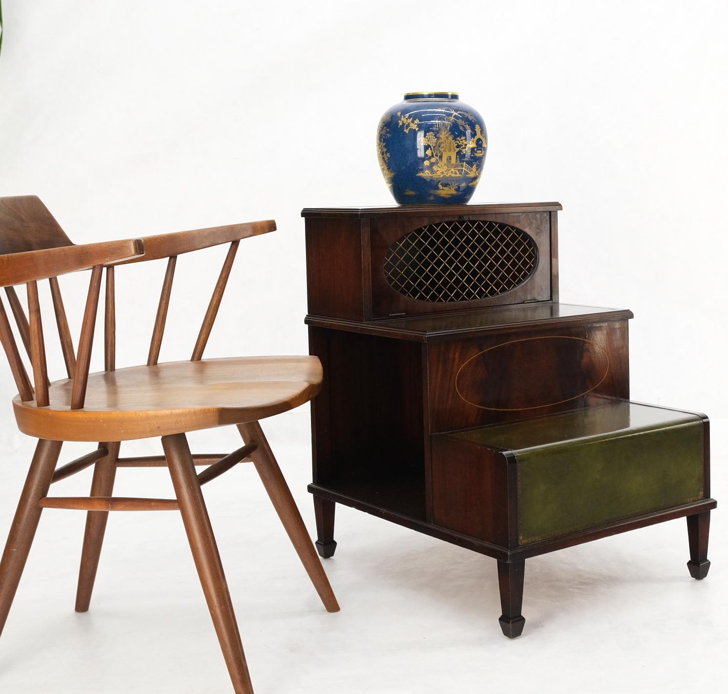 EstablishedLines English Green Leather & Mahogany Step Side End Table Stand Cabinet Bookcase